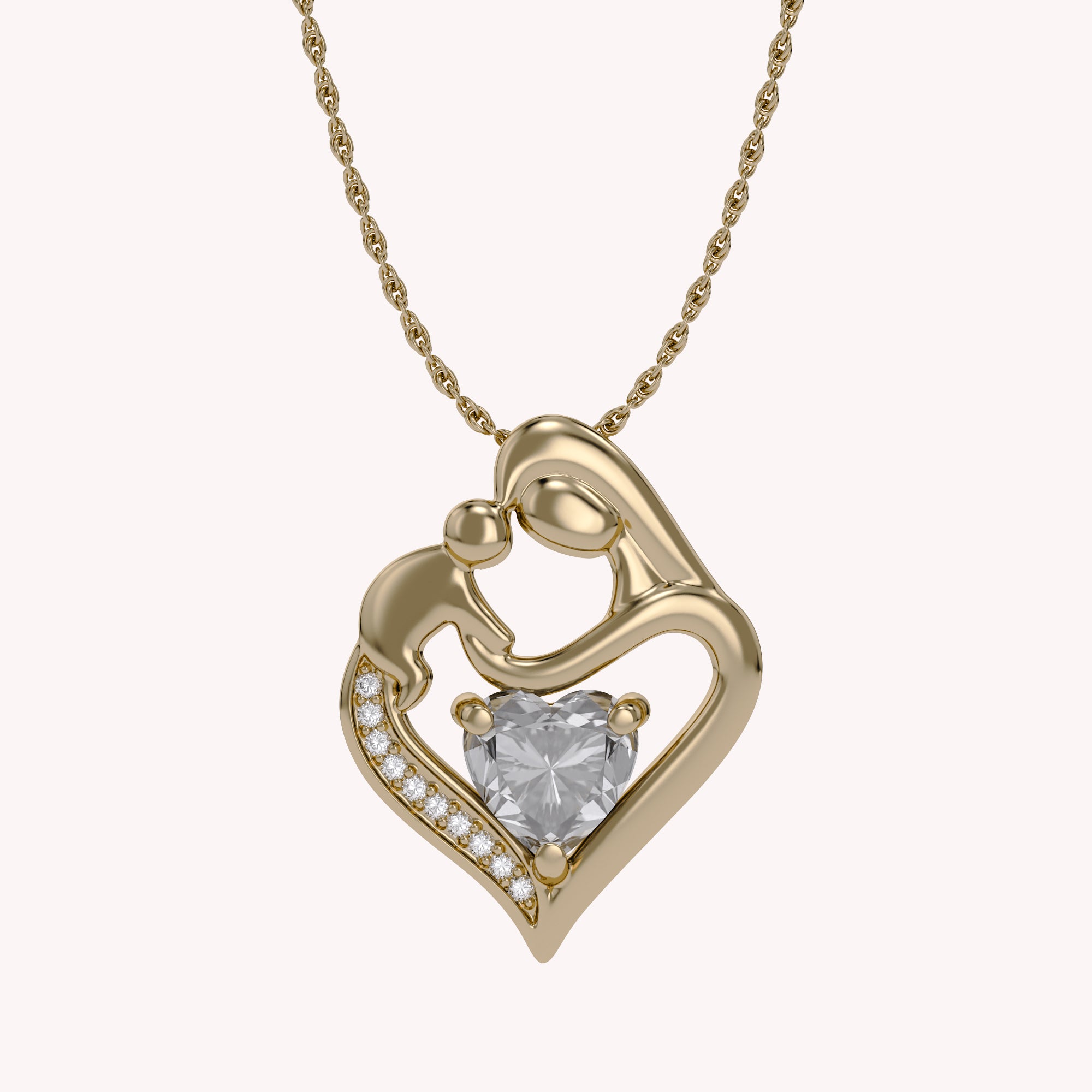 Mom And Child Heart Pendant Necklace Sterling Silver