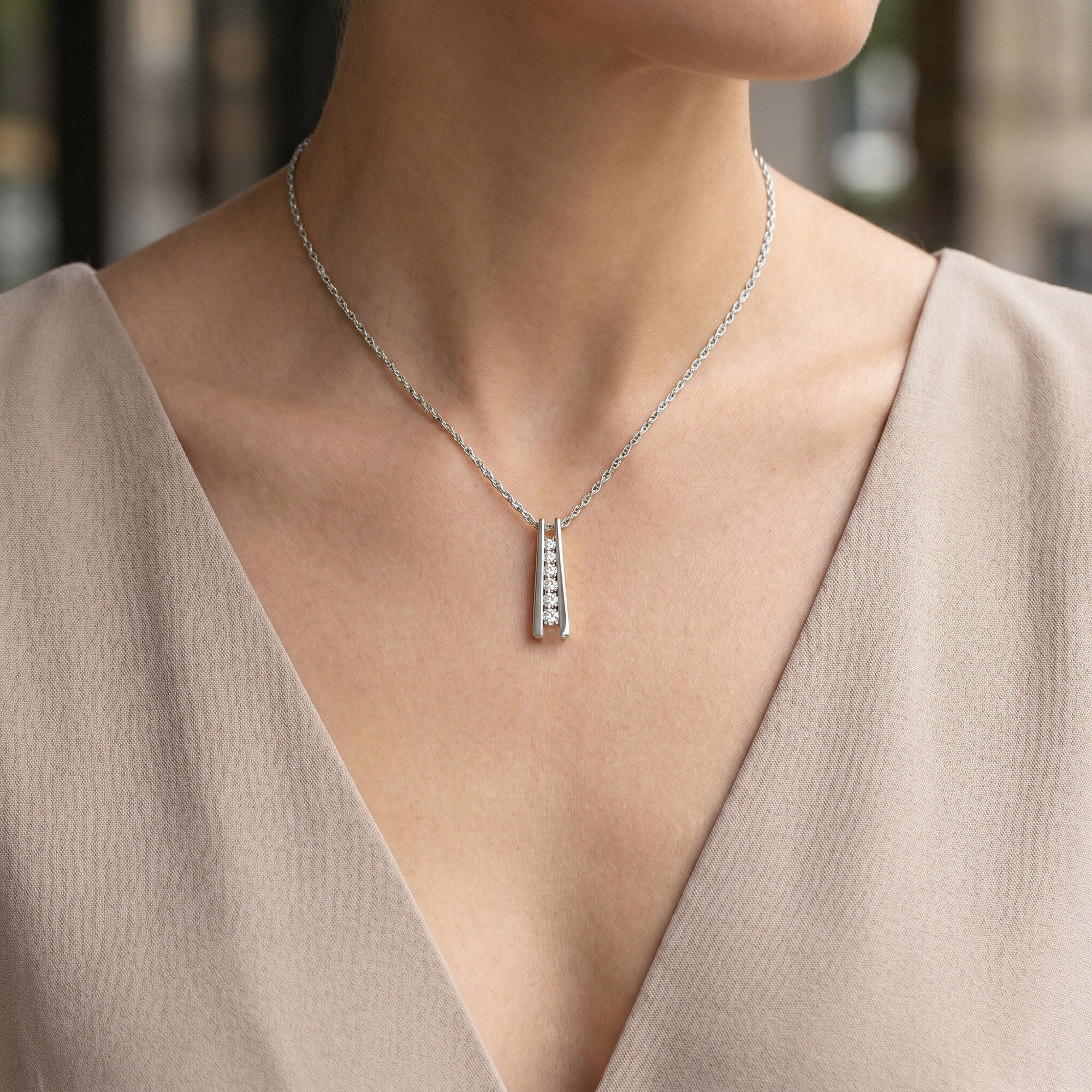 Five Stone Journey Bar Moissanite Pendant Necklace