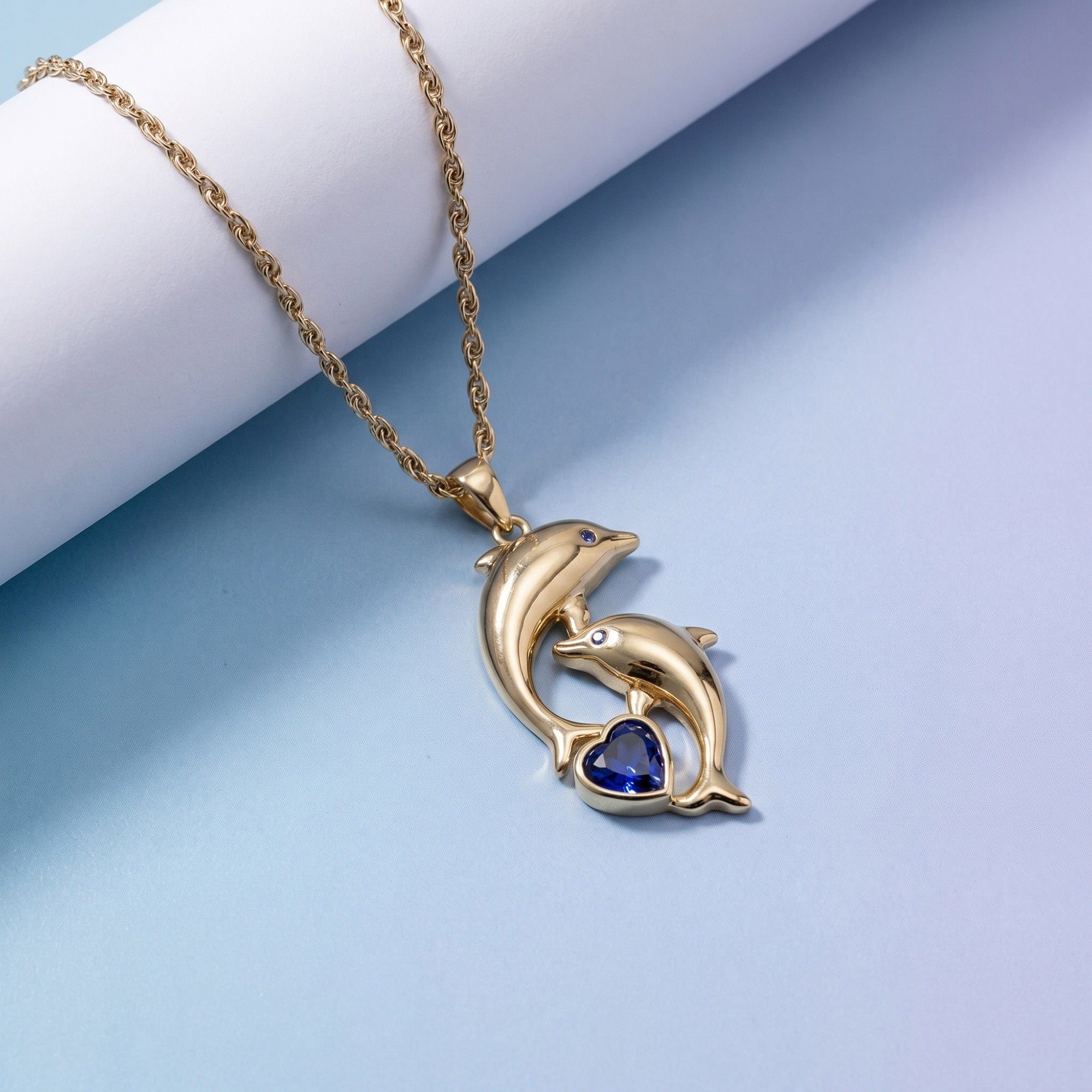 Simulated Blue Sapphire Dolphin Pendant Necklace