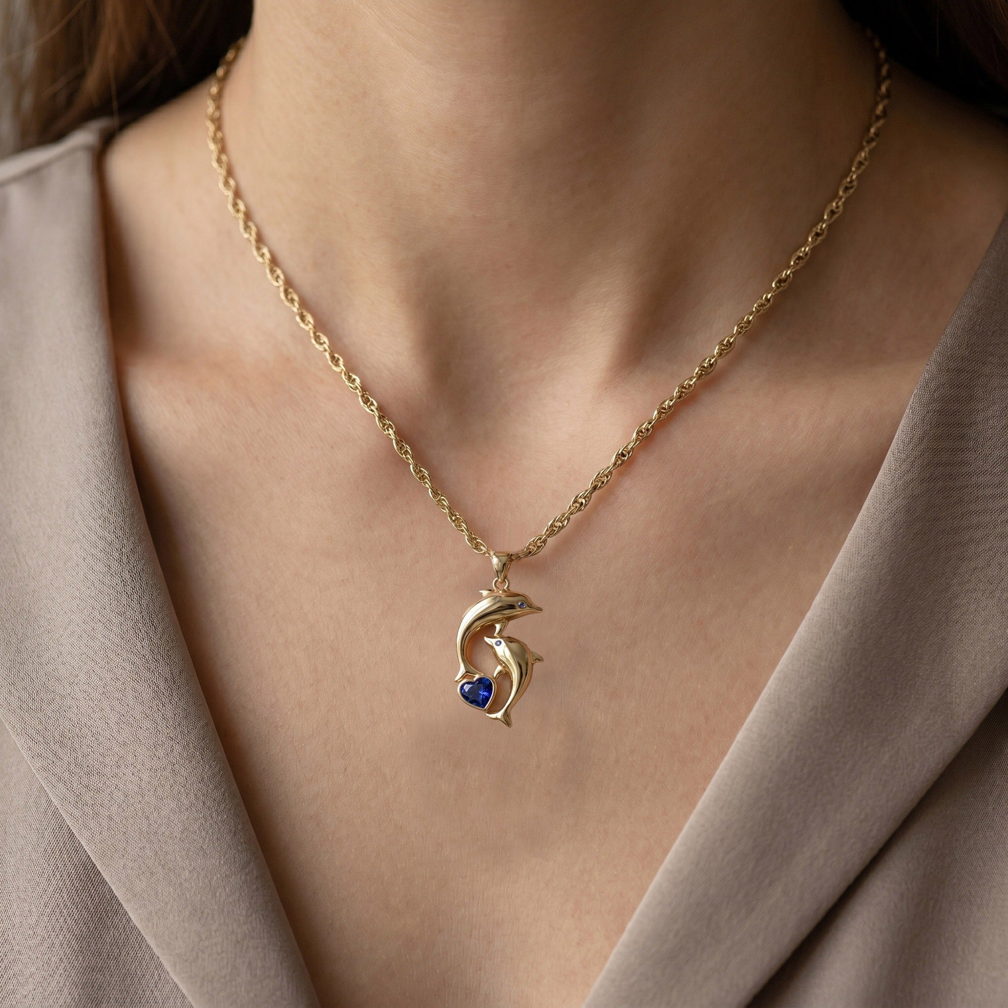 Simulated Blue Sapphire Dolphin Pendant Necklace