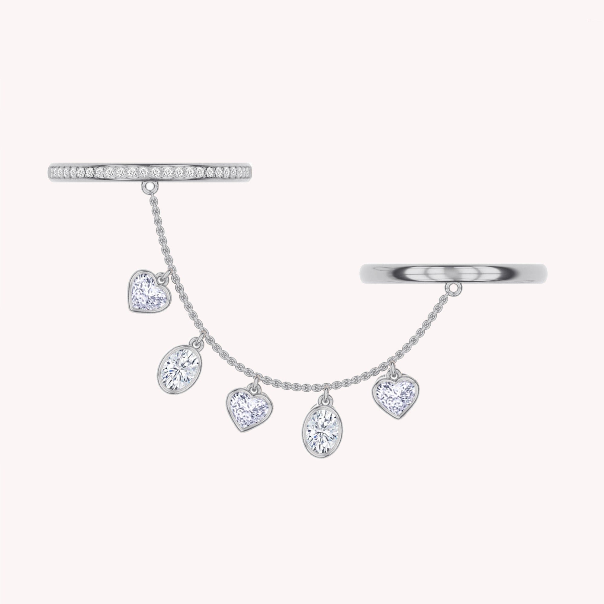 Lab Created Moissanite Right Hand Two Finger Chain Ring