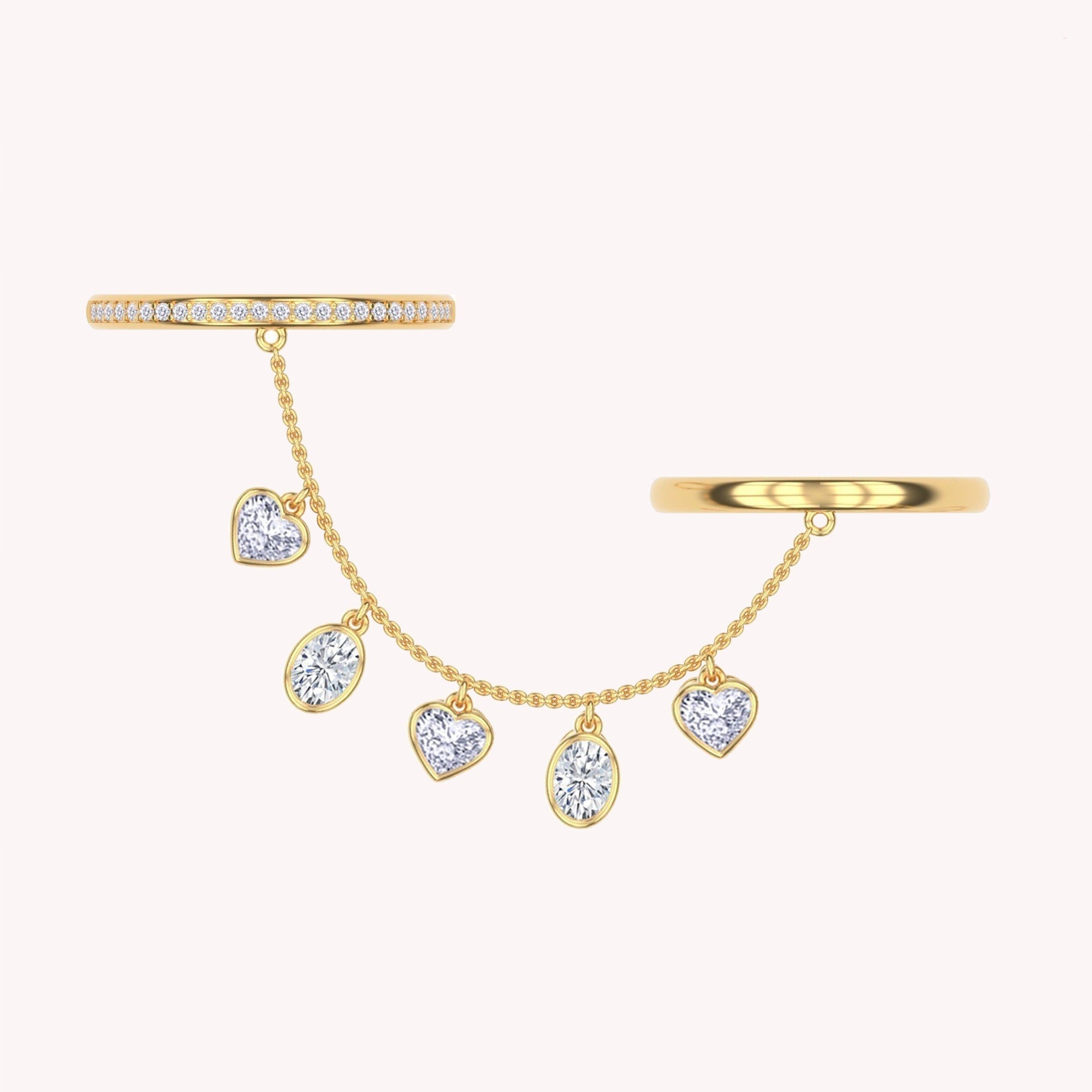 Lab Created Moissanite Right Hand Two Finger Chain Ring