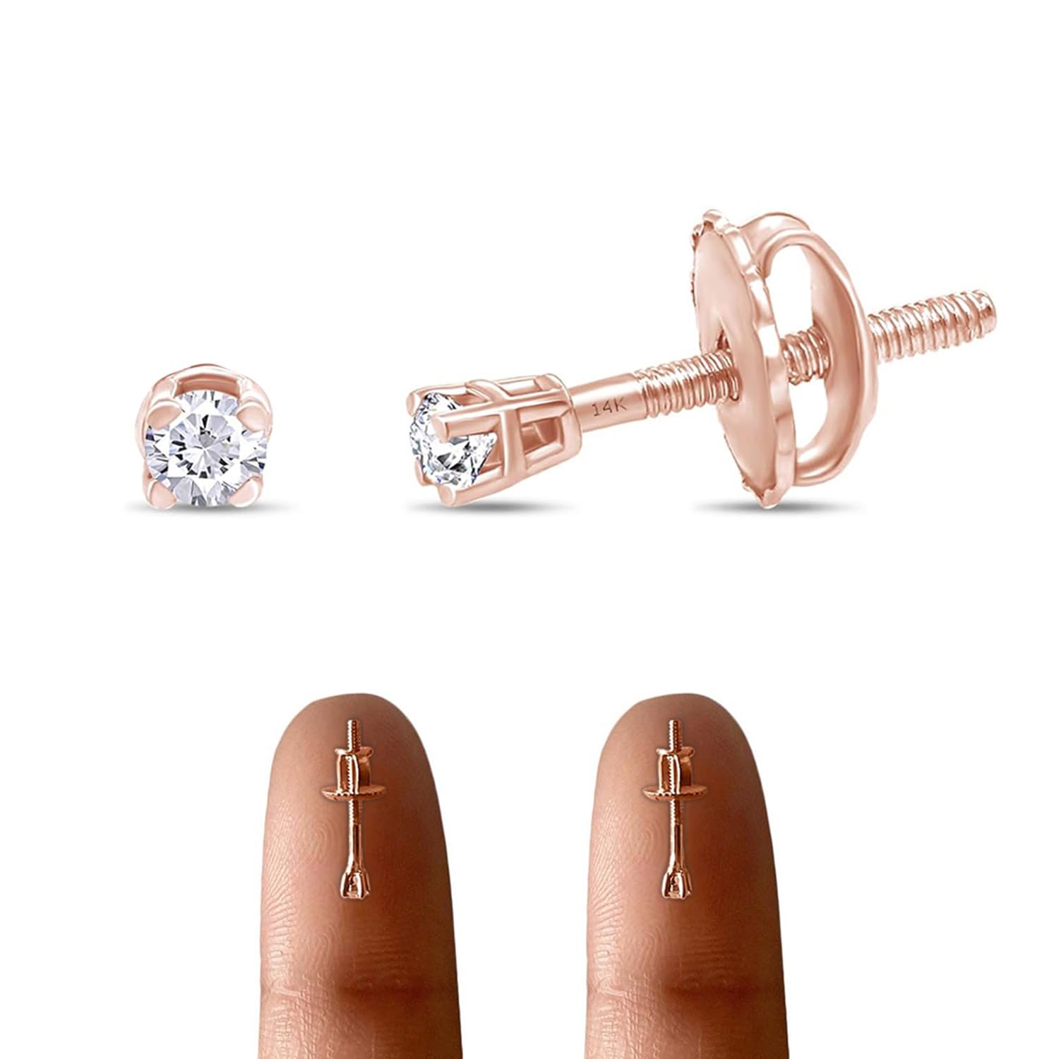 0.04 to 0.25 Carat Round Cut Natural Diamond Stud Screw Back Earrings in 14k Solid Gold Jewelry