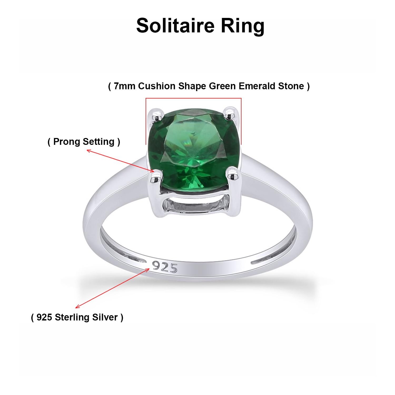 7MM Cushion-Cut Simulated Green Emerald Solitaire Ring in 14k Gold Over Sterling Silver (2 Ct) Gift For Her