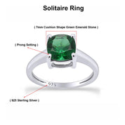7MM Cushion-Cut Simulated Green Emerald Solitaire Ring in 14k Gold Over Sterling Silver (2 Ct) Gift For Her