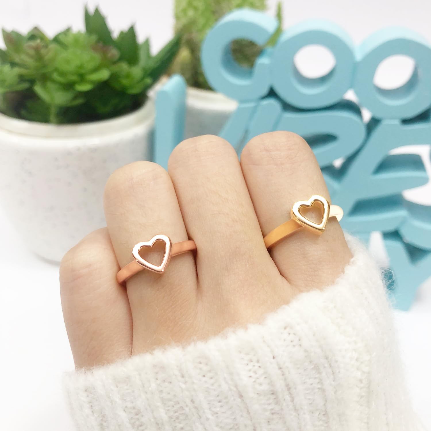 Open Heart Promise Ring for Women, 14K Gold Over 925 Sterling Silver Dainty Minimalist Stackable Ring