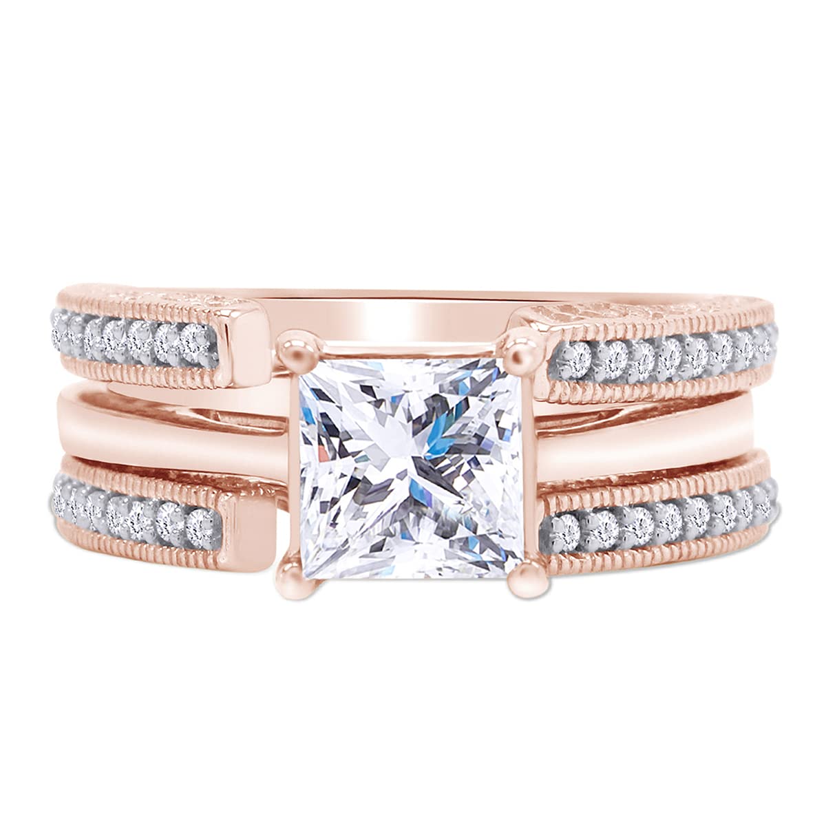 Round Lab Created Moissanite Diamond Cathedral Enhancer Guard Ring In 14K Gold Over Sterling Silver Jewelry For Women (G-H Color, 0.20 Cttw), Valentine's Day Gift For Her