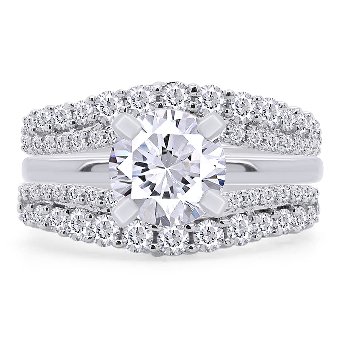 1 Ct Round Double Row Pave Set Curved Enhancer Guard Ring In 14K Gold Over Sterling Silver With Cubic Zirconia Gift For Her