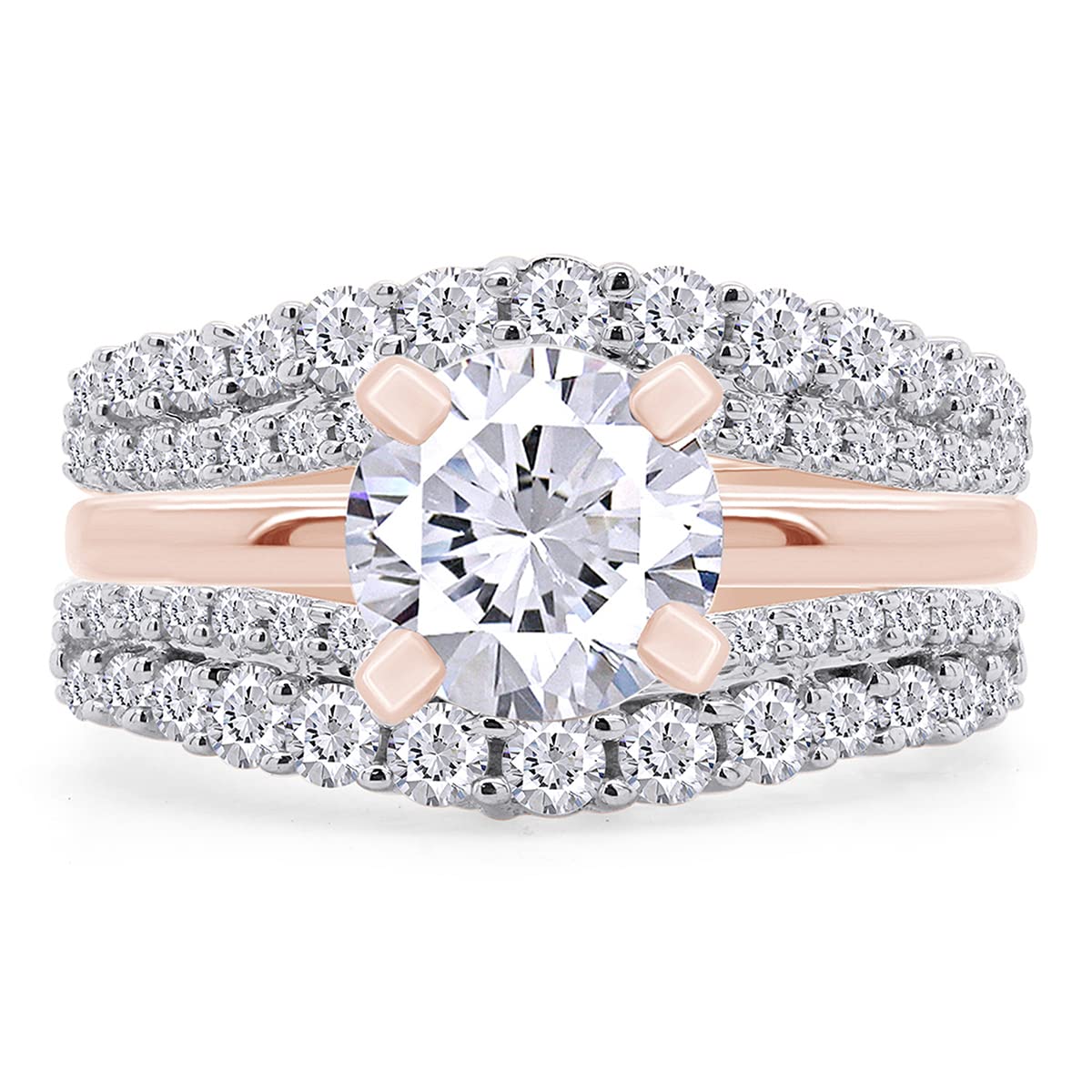 1 ct. t.w Round Lab Created Moissanite Diamond Double Row Pave Set Curved Enhancer Guard Ring In 14K Gold Over Sterling Silver Jewelry (1.00 Cttw), Valentine's Day Gift For Her