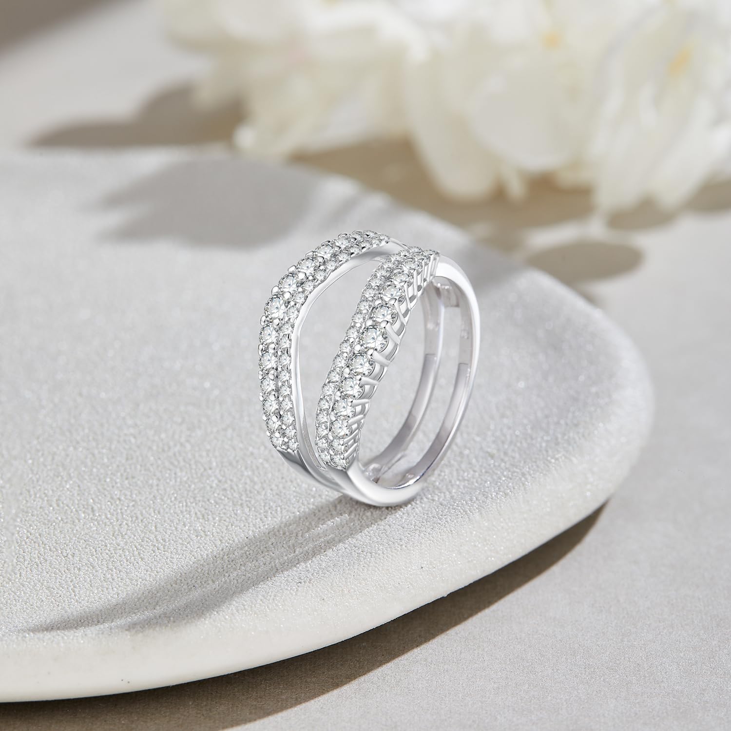 1 Ct Round Double Row Pave Set Curved Enhancer Guard Ring In 14K Gold Over Sterling Silver With Cubic Zirconia Gift For Her