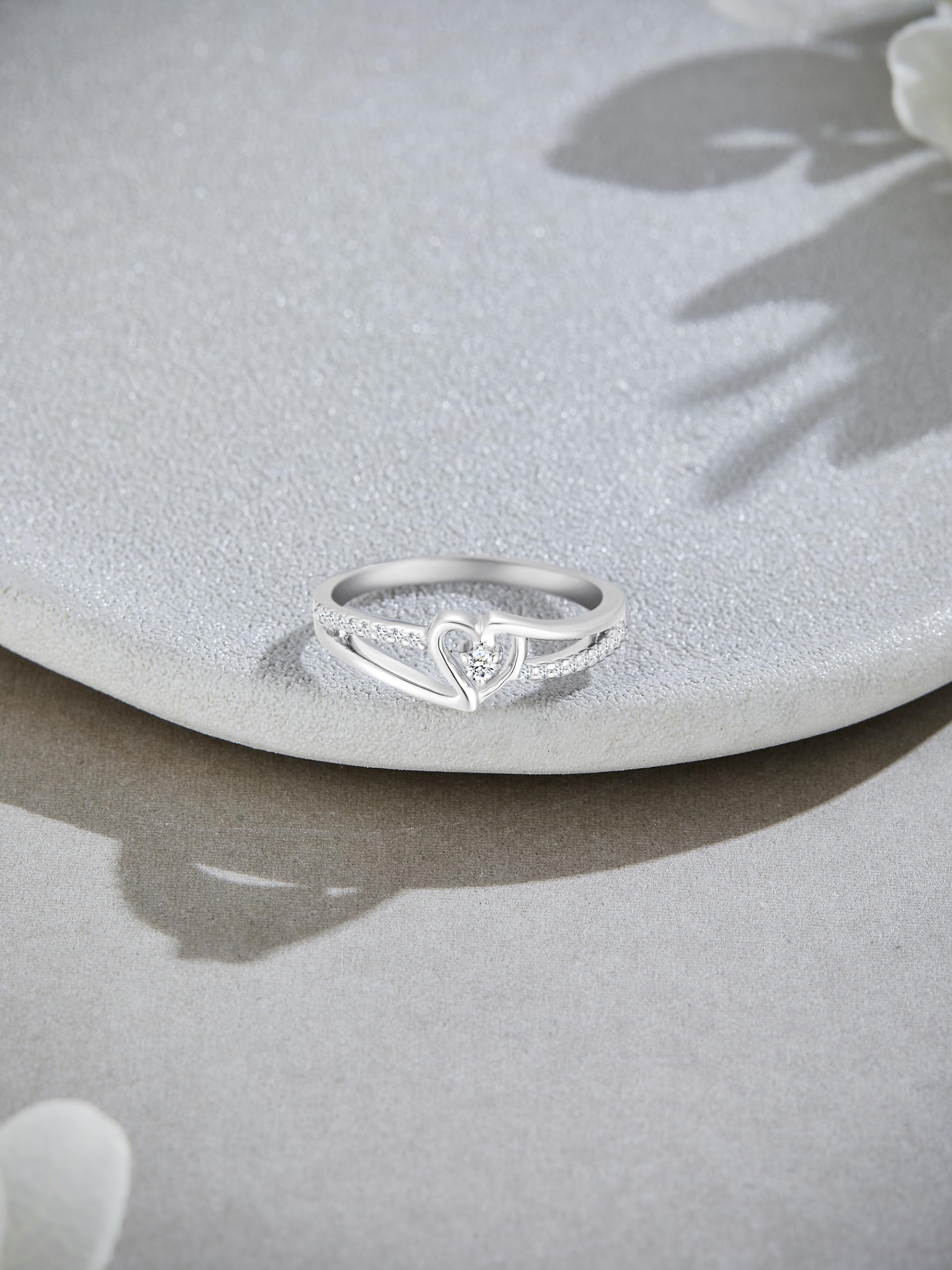 1/10 Carat CT Round White Natural Diamond Bypass Heart Promise Ring 14k Gold Over Sterling Silver Gift for Her