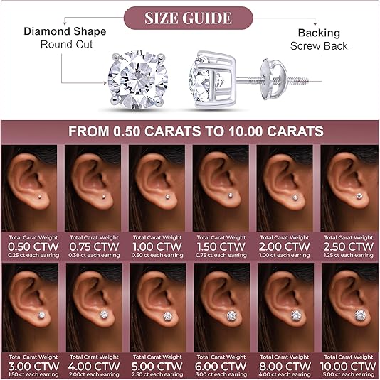 IGI CERTIFIED 1 to 10 Carat LAB GROWN Solitaire Diamond Stud Earrings Round Cut 4 Prong Screw Back in 14k Solid Gold (F-G Color, VS1-VS2 Eye Clean Clarity)
