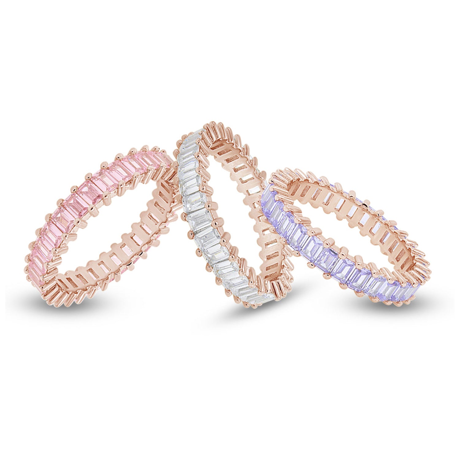 Baguette Shape Set of 3 Pastel Rainbow Cubic Zirconia Stackable Eternity Band Ring For Women In 14K Gold Plated Brass