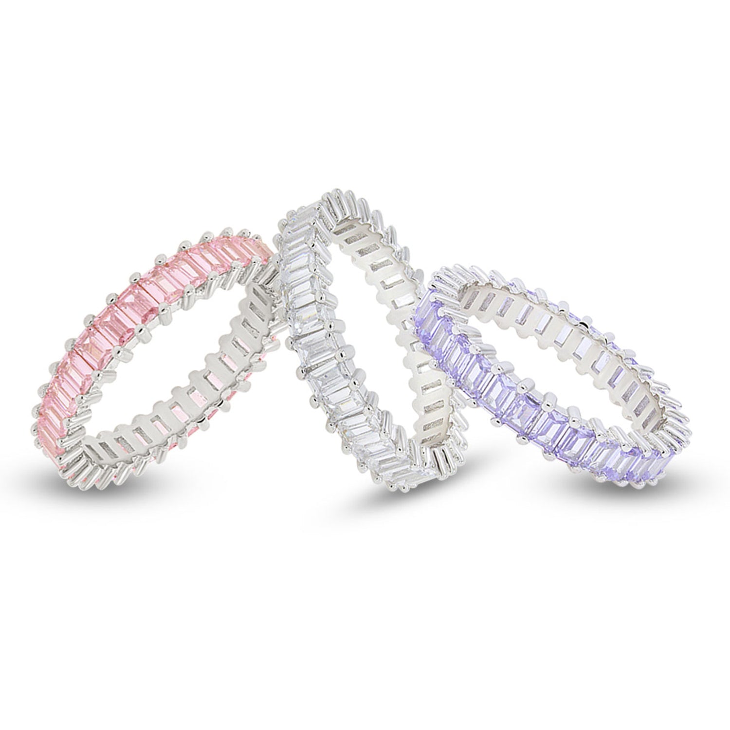 Baguette Shape Set of 3 Pastel Rainbow Cubic Zirconia Stackable Eternity Band Ring For Women In 14K Gold Plated Brass