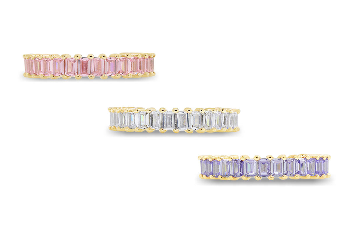 Baguette Shape Set of 3 Pastel Rainbow Cubic Zirconia Stackable Eternity Band Ring For Women In 14K Gold Plated Brass