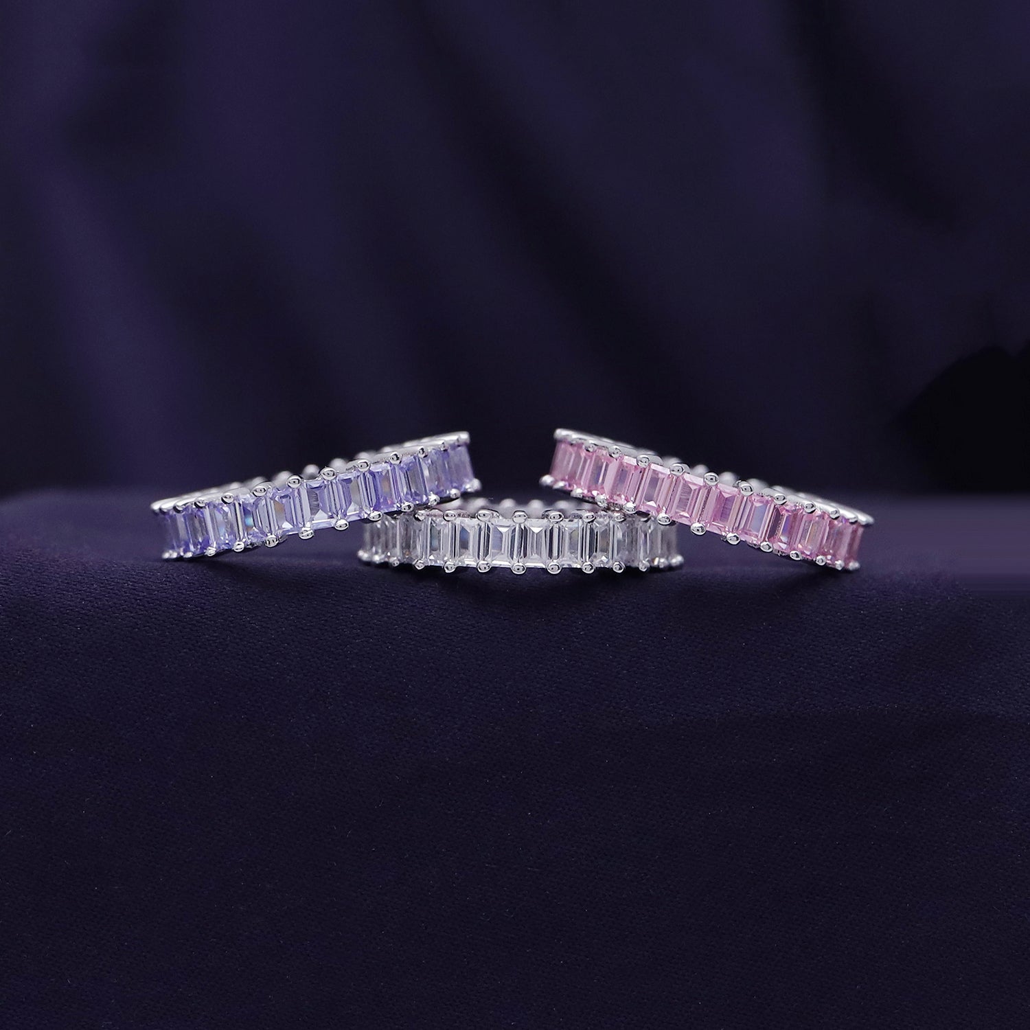 Baguette Shape Set of 3 Pastel Rainbow Cubic Zirconia Stackable Eternity Band Ring For Women In 14K Gold Plated Brass