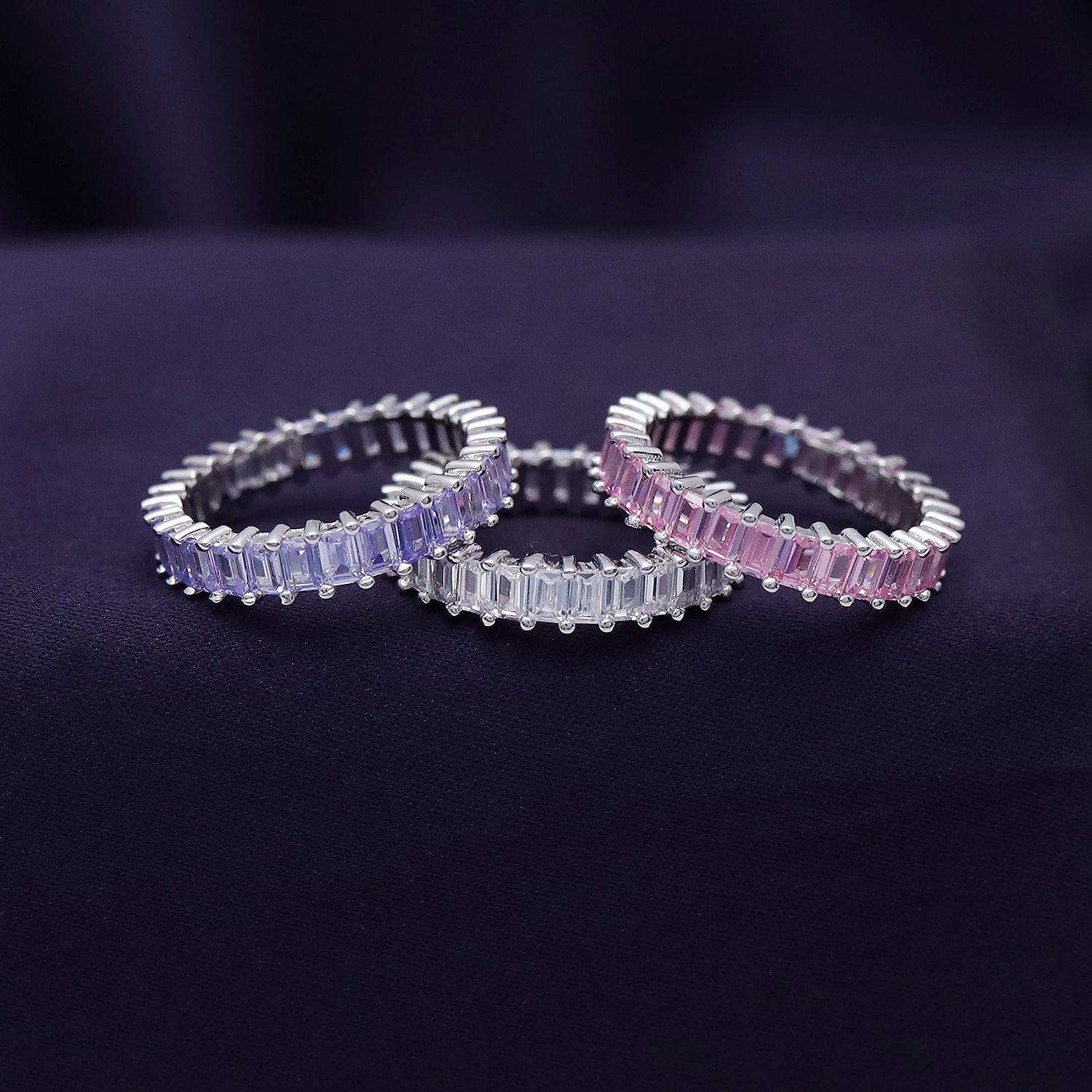 Baguette Shape Set of 3 Pastel Rainbow Cubic Zirconia Stackable Eternity Band Ring For Women In 14K Gold Plated Brass