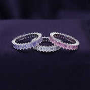 Baguette Shape Set of 3 Pastel Rainbow Cubic Zirconia Stackable Eternity Band Ring For Women In 14K Gold Plated Brass