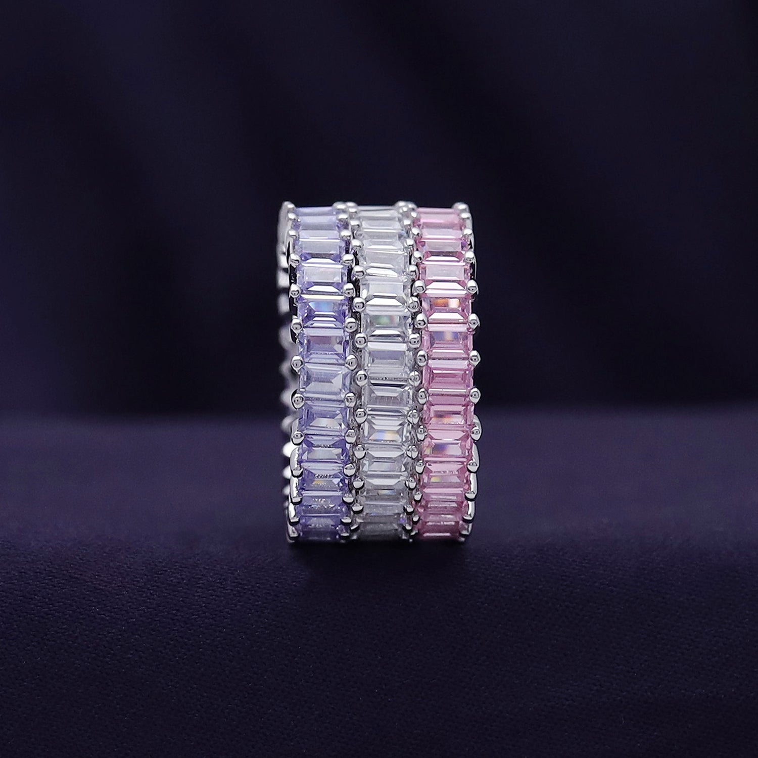 Baguette Shape Set of 3 Pastel Rainbow Cubic Zirconia Stackable Eternity Band Ring For Women In 14K Gold Plated Brass