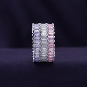 Baguette Shape Set of 3 Pastel Rainbow Cubic Zirconia Stackable Eternity Band Ring For Women In 14K Gold Plated Brass
