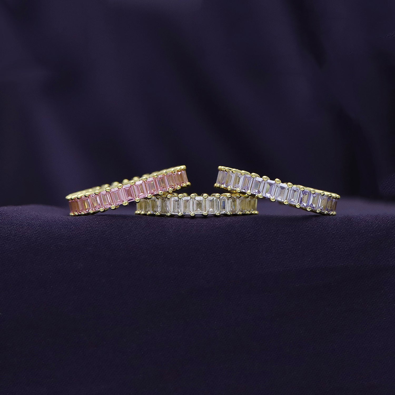 Baguette Shape Set of 3 Pastel Rainbow Cubic Zirconia Stackable Eternity Band Ring For Women In 14K Gold Plated Brass