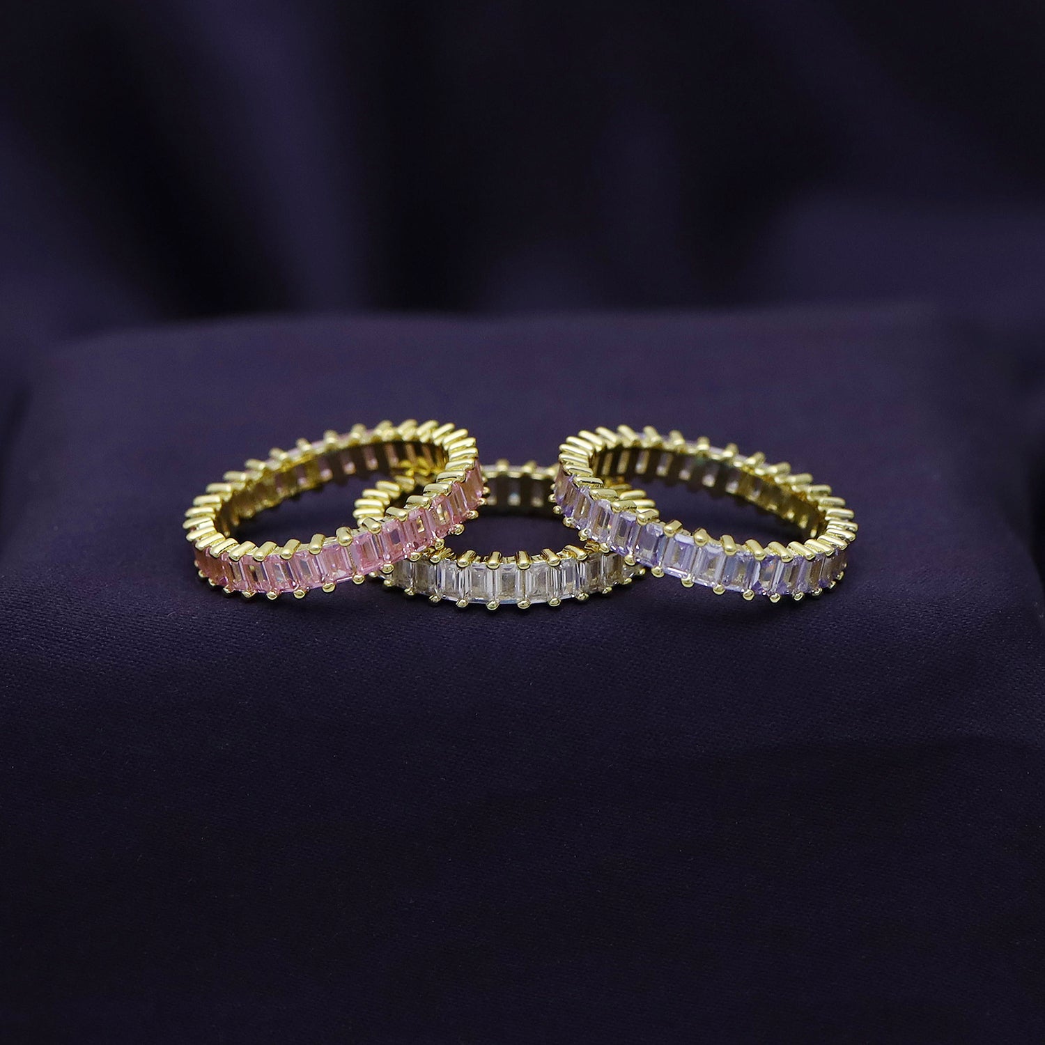 Baguette Shape Set of 3 Pastel Rainbow Cubic Zirconia Stackable Eternity Band Ring For Women In 14K Gold Plated Brass