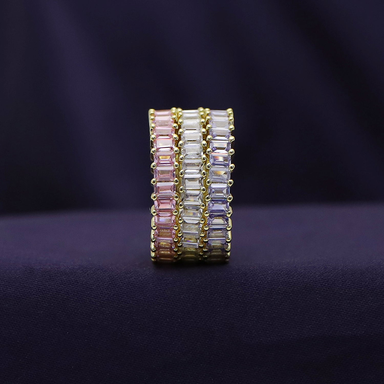 Baguette Shape Set of 3 Pastel Rainbow Cubic Zirconia Stackable Eternity Band Ring For Women In 14K Gold Plated Brass