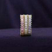 Baguette Shape Set of 3 Pastel Rainbow Cubic Zirconia Stackable Eternity Band Ring For Women In 14K Gold Plated Brass