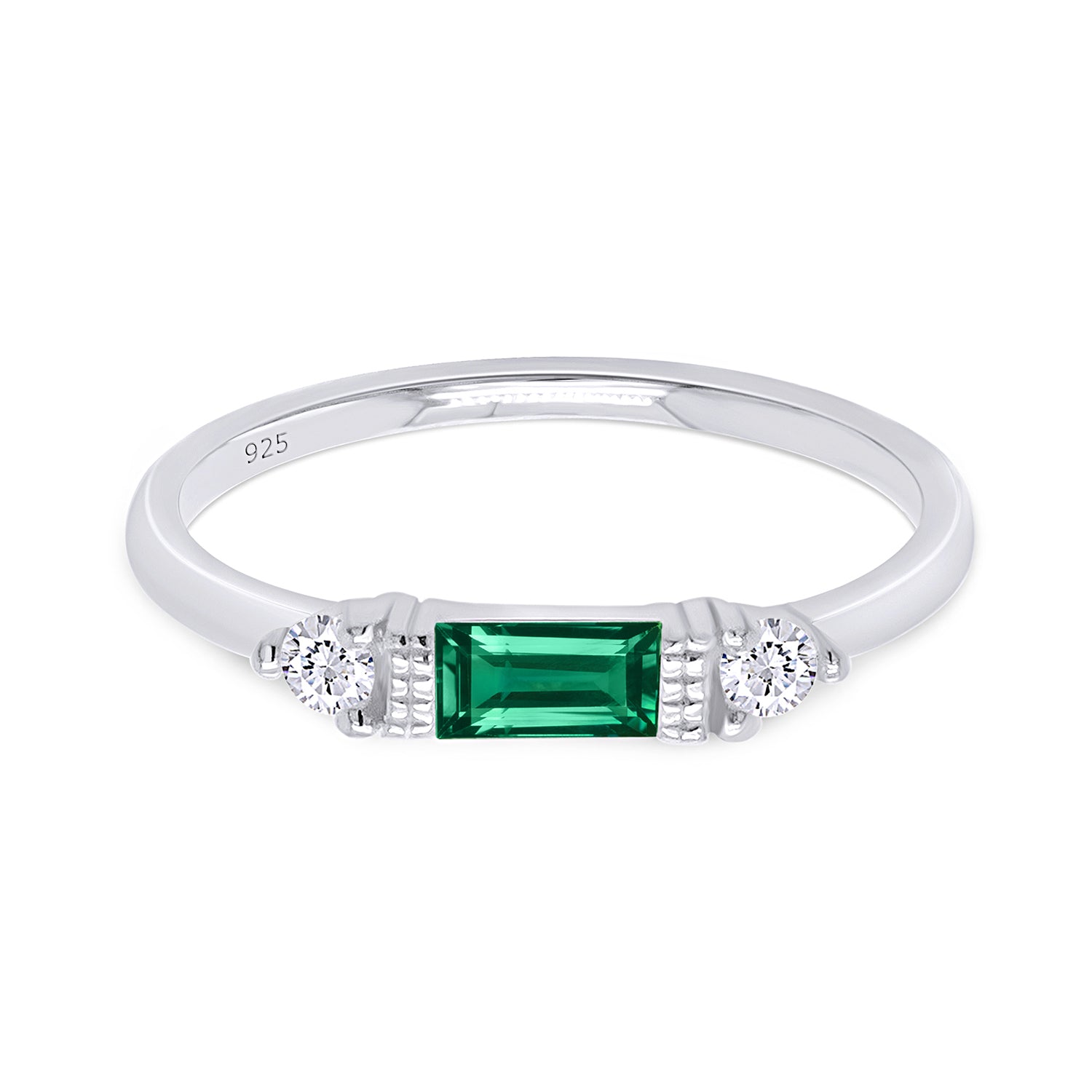 925 Sterling Silver Baguette Cut Simulated Birthstone And White Cubic Zirconia Three Stone Design Bridal Engagement Wedding Ring Jewelry Gift For Her