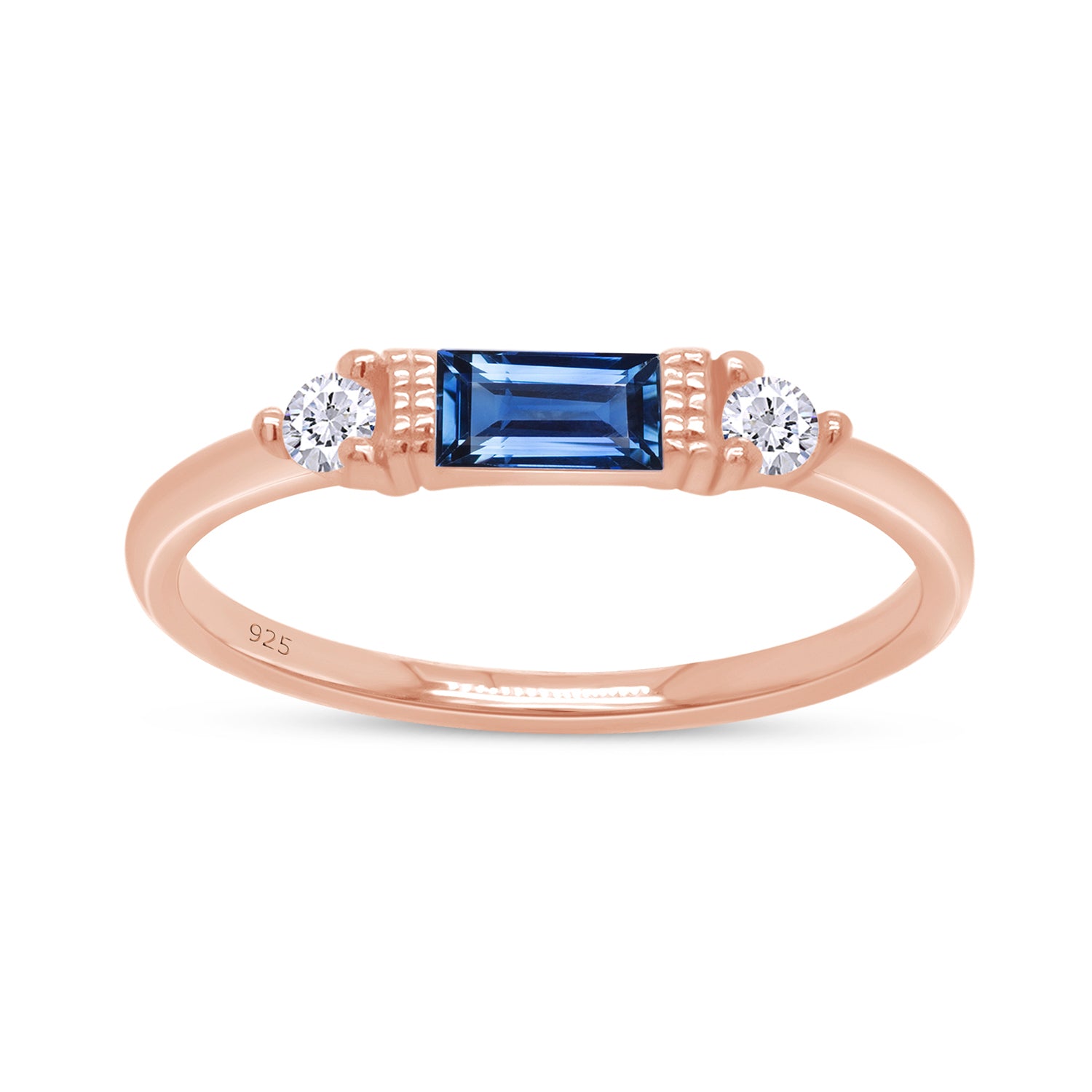 925 Sterling Silver Baguette Cut Simulated Birthstone And White Cubic Zirconia Three Stone Design Bridal Engagement Wedding Ring Jewelry Gift For Her