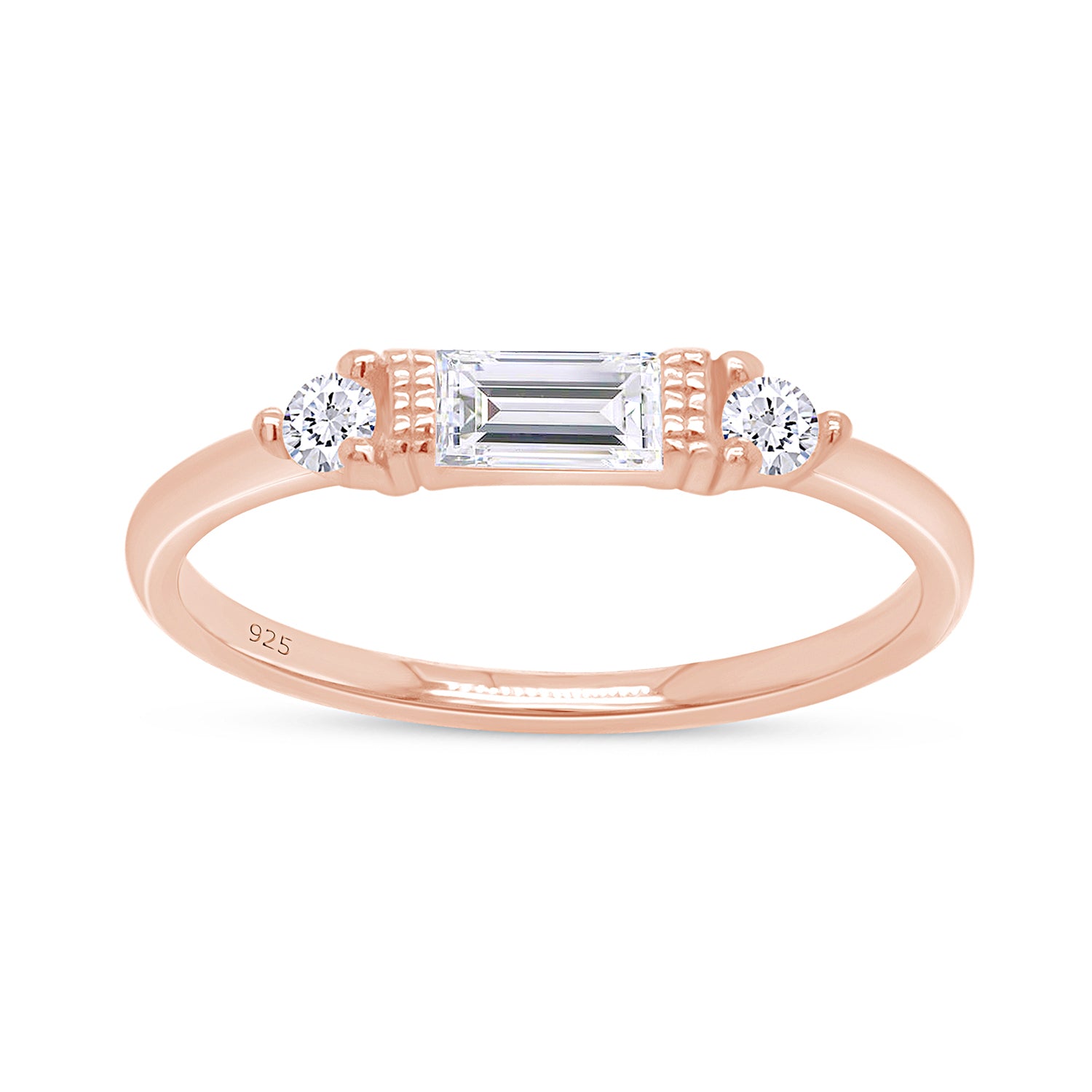 925 Sterling Silver Baguette Cut Simulated Birthstone And White Cubic Zirconia Three Stone Design Bridal Engagement Wedding Ring Jewelry Gift For Her