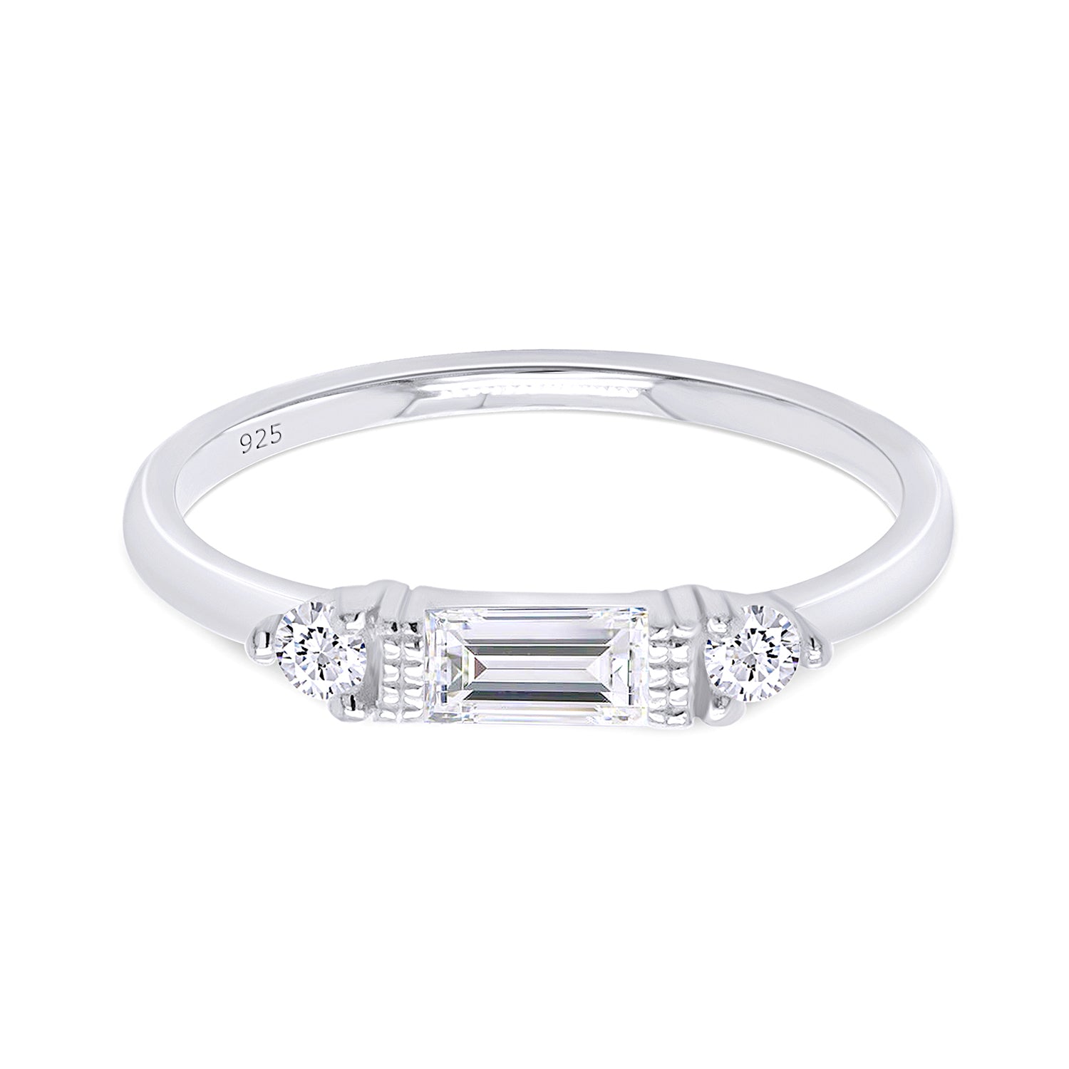 925 Sterling Silver Baguette Cut Simulated Birthstone And White Cubic Zirconia Three Stone Design Bridal Engagement Wedding Ring Jewelry Gift For Her