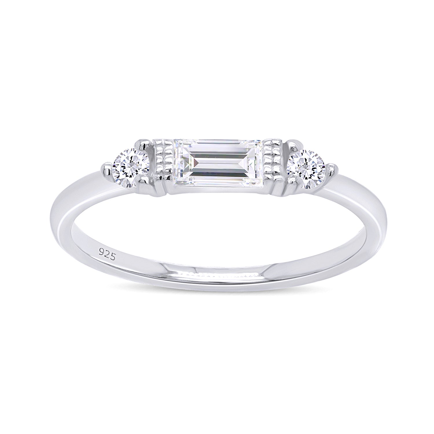 925 Sterling Silver Baguette Cut Simulated Birthstone And White Cubic Zirconia Three Stone Design Bridal Engagement Wedding Ring Jewelry Gift For Her