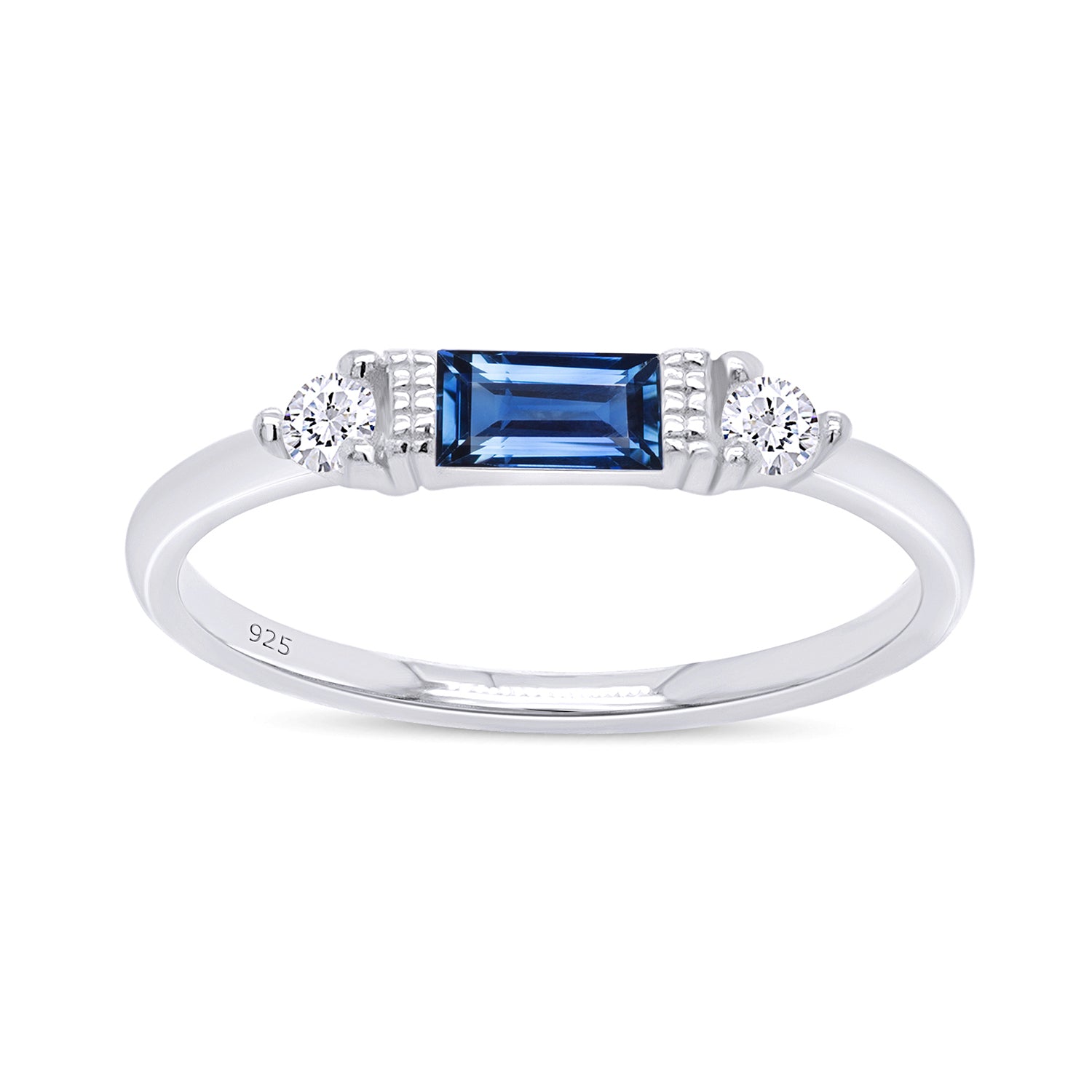 925 Sterling Silver Baguette Cut Simulated Birthstone And White Cubic Zirconia Three Stone Design Bridal Engagement Wedding Ring Jewelry Gift For Her