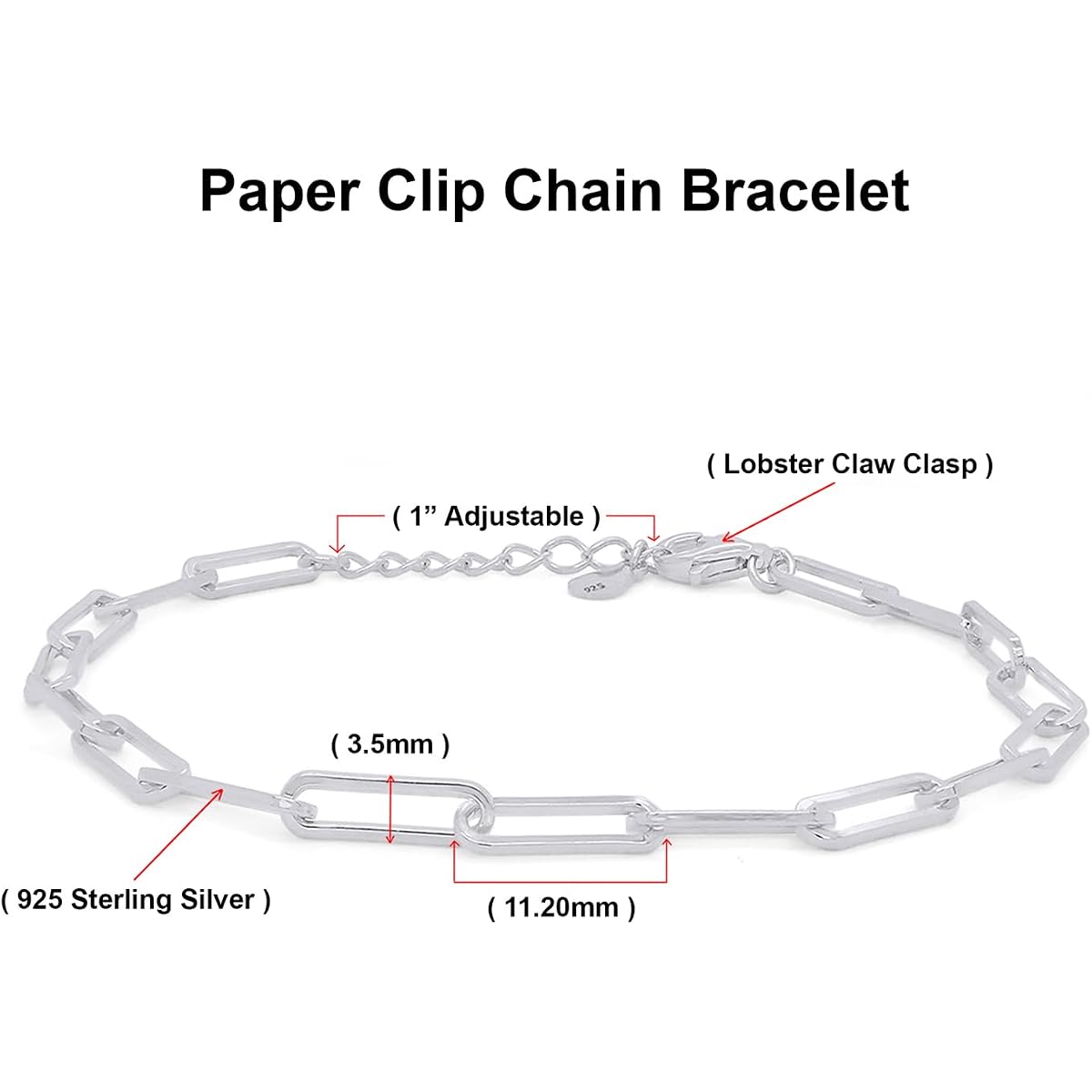Adjustable Paper Clip Chain Bracelet 7" Length +1"