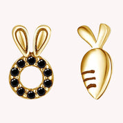Round Black CZ Rabbit & Carrot Stud Earrings, 14K Gold Over Sterling Silver