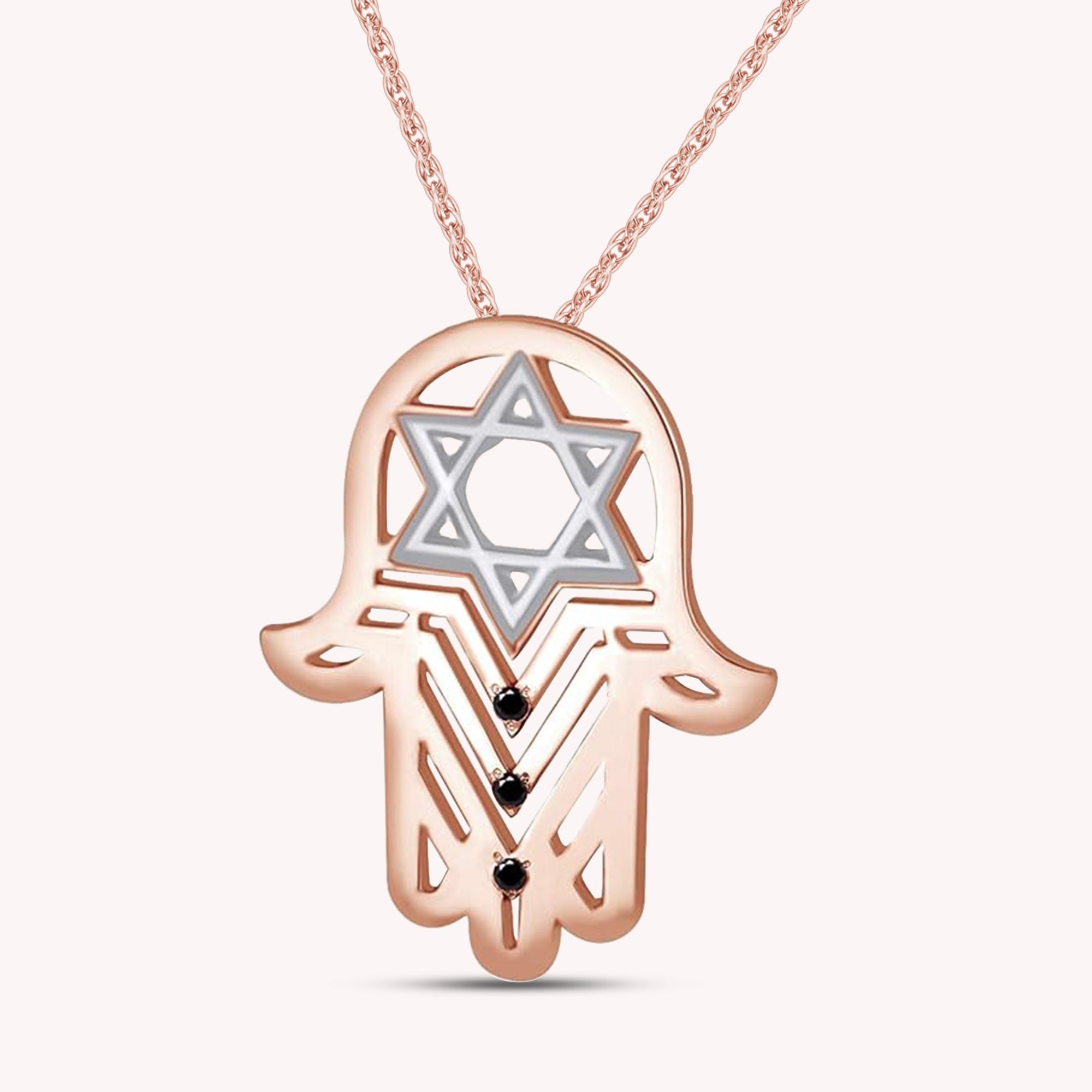 Hamsa Hand with Star of David Simulated Black CZ Pendant Necklace