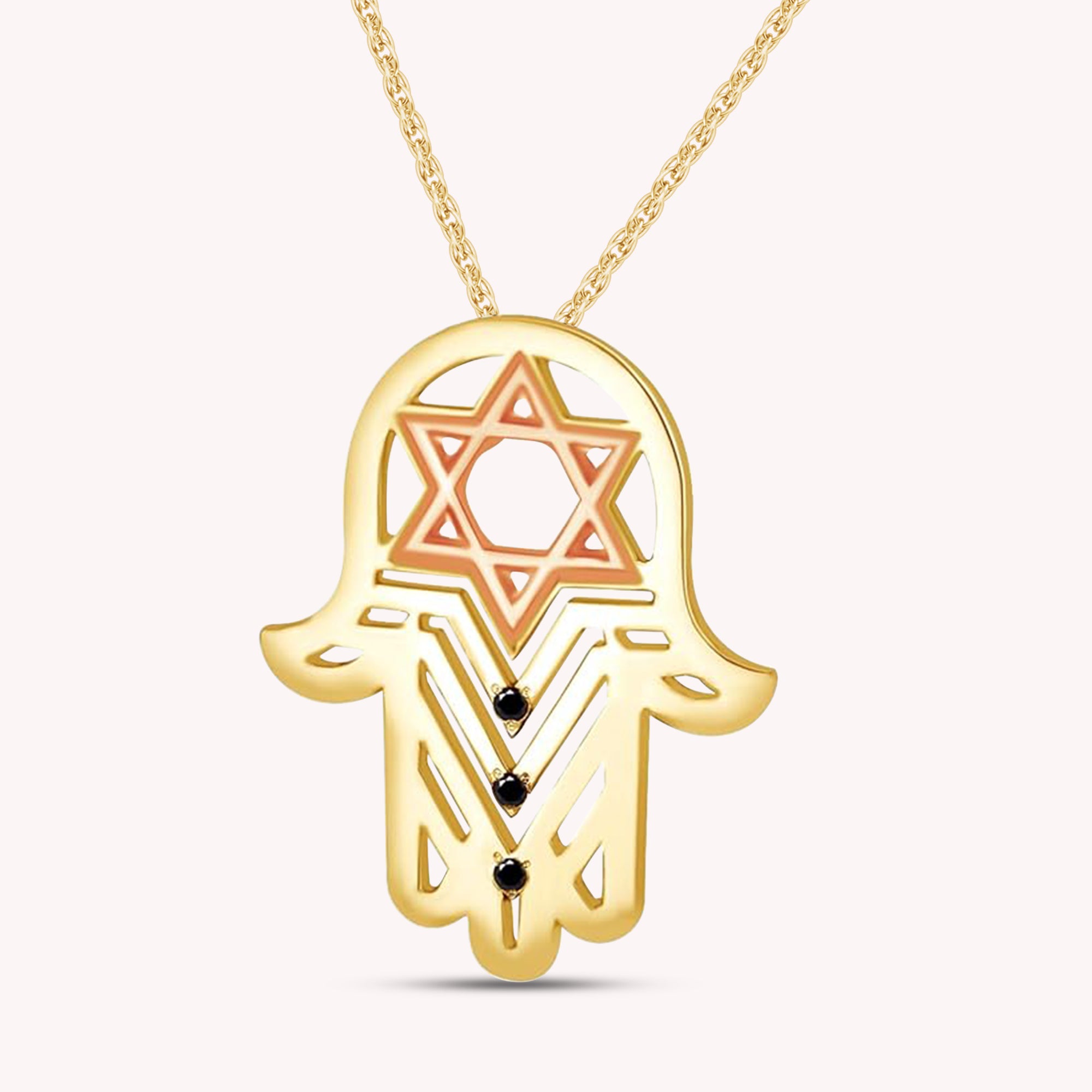 Hamsa Hand with Star of David Simulated Black CZ Pendant Necklace