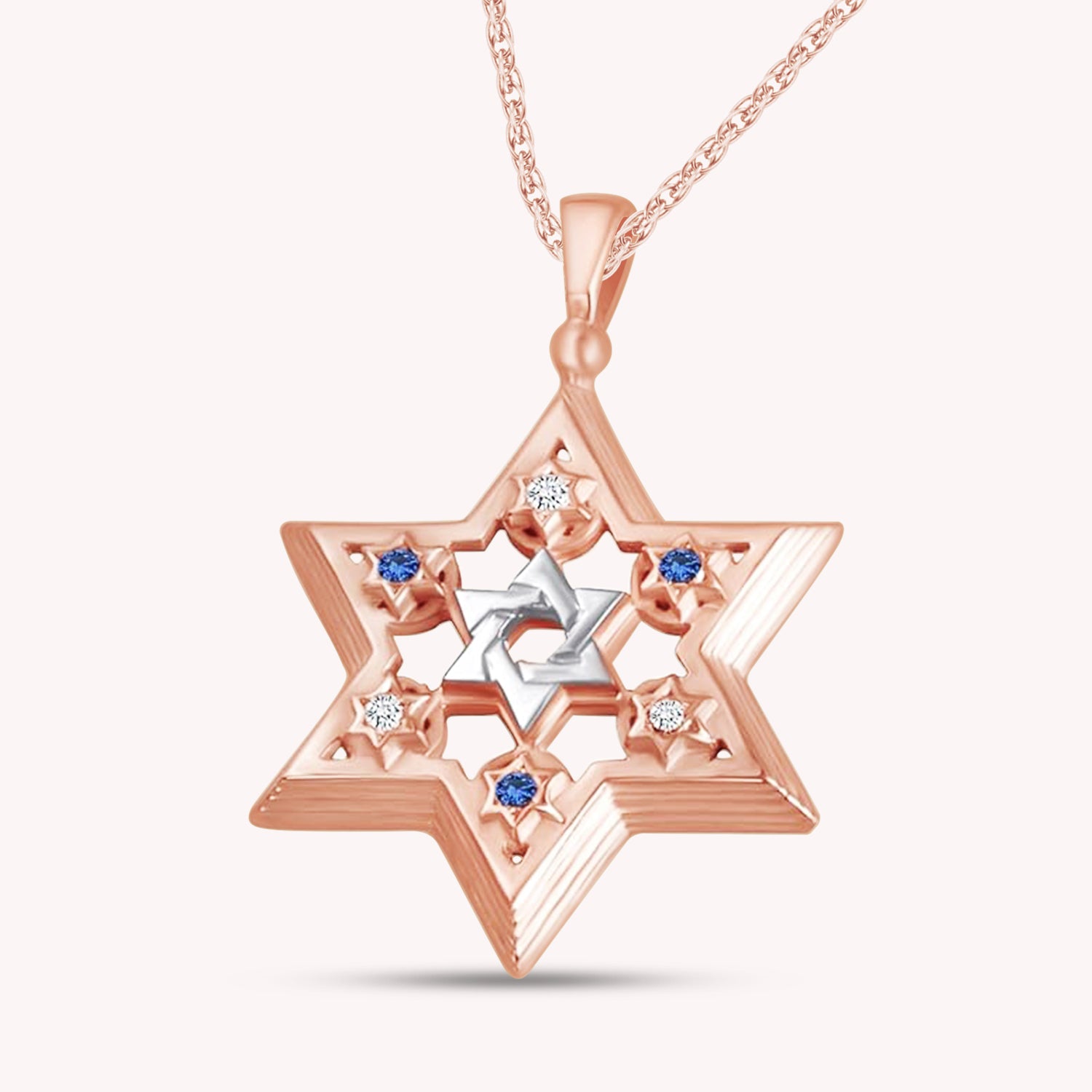 Jewish Star of David Round Shape Simulated Sapphire & White CZ Two Tone Pendant Necklace