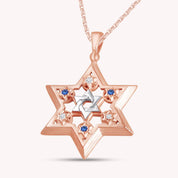 Jewish Star of David Round Shape Simulated Sapphire & White CZ Two Tone Pendant Necklace