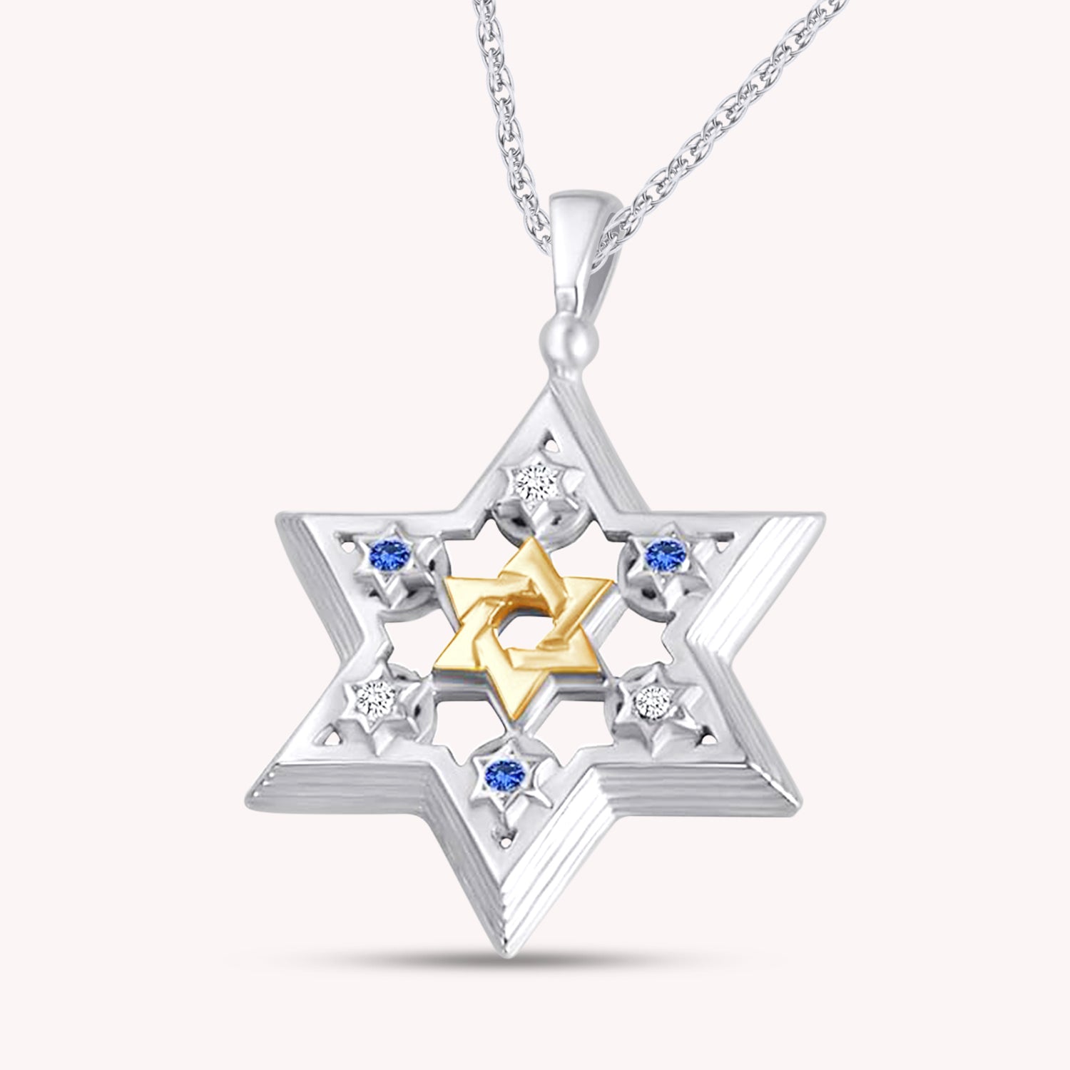 Jewish Star of David Round Shape Simulated Sapphire & White CZ Two Tone Pendant Necklace