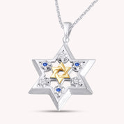 Jewish Star of David Round Shape Simulated Sapphire & White CZ Two Tone Pendant Necklace