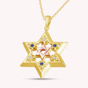 Jewish Star of David Round Shape Simulated Sapphire & White CZ Two Tone Pendant Necklace