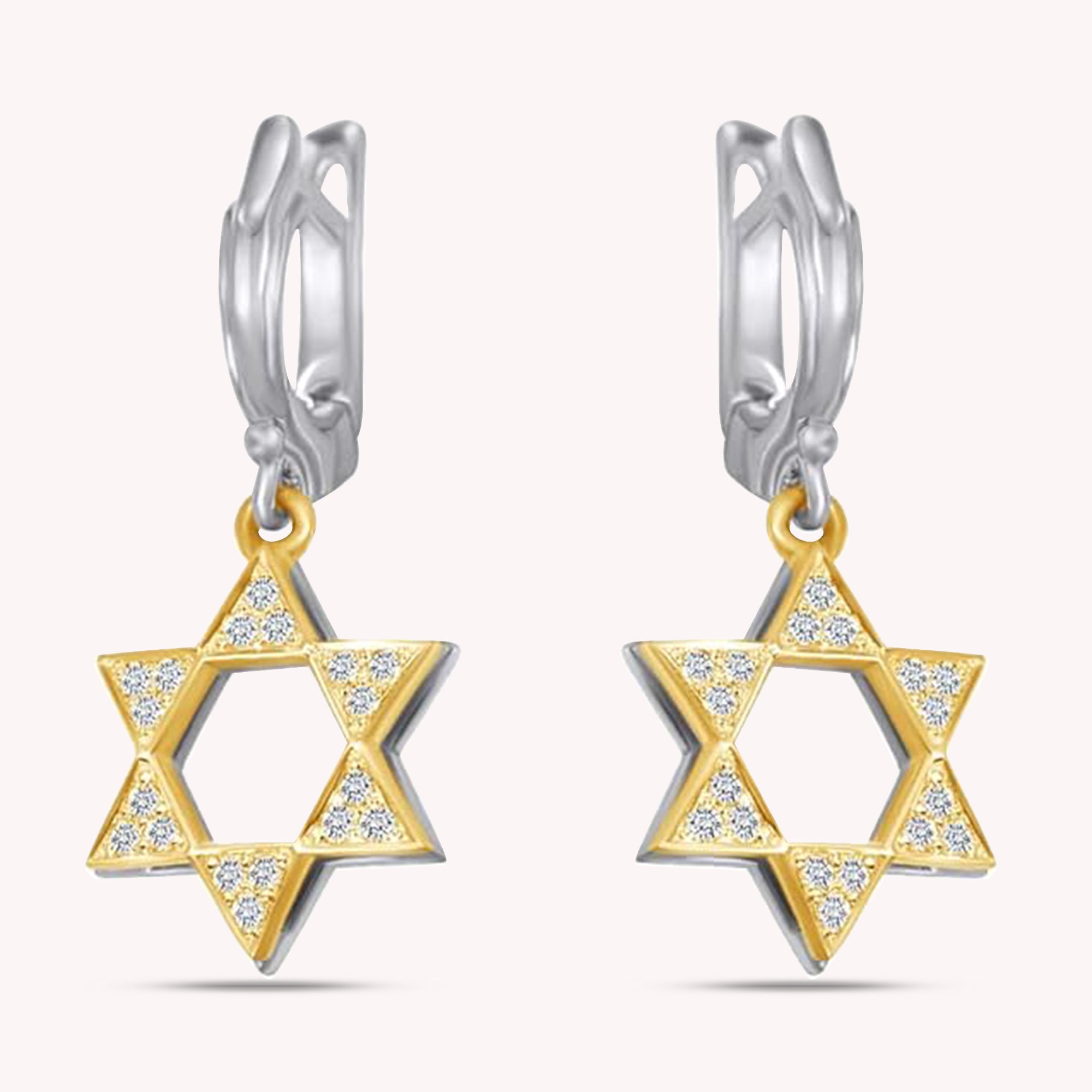 Jewish Round Shape White CZ Star Of David Dangle Earrings