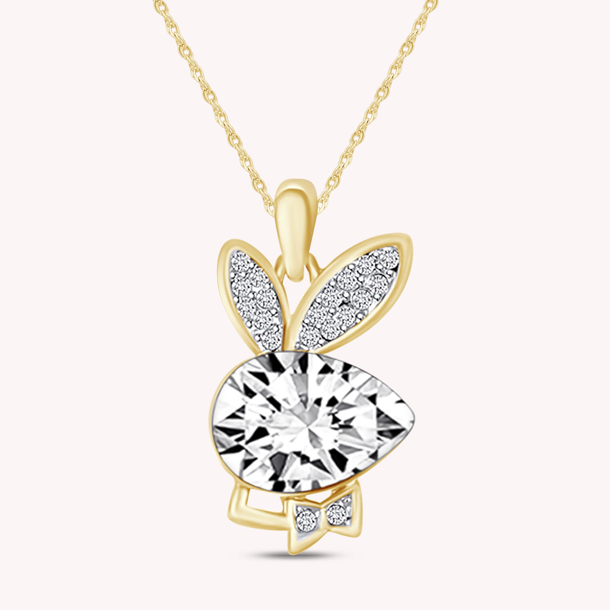 Cubic Zirconia Bunny Animal Pendant Necklace In 14K Gold Over Sterling Silver
