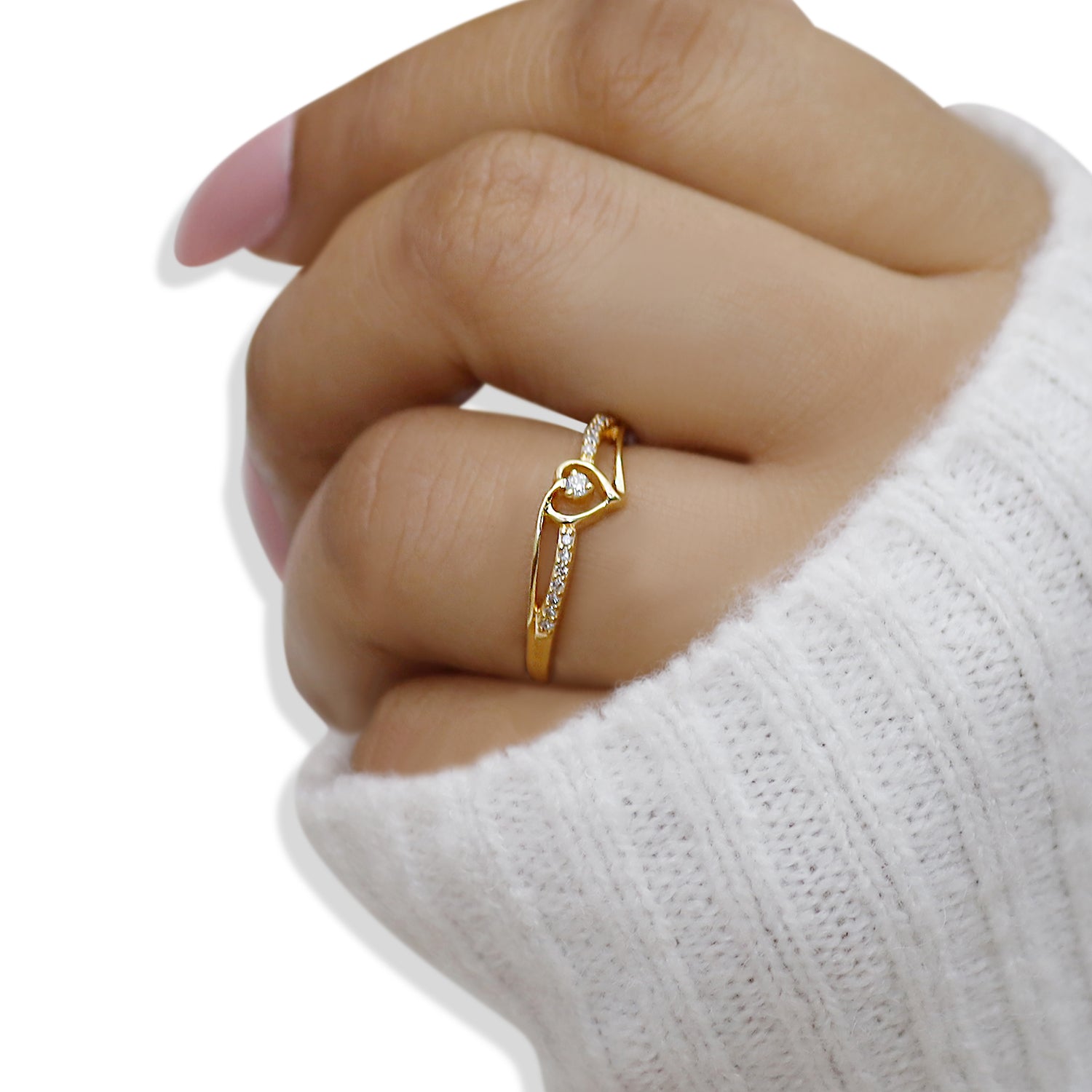 1/10 Carat Round Cut White Natural Diamond Split Shank Heart Promise Ring In 925 Sterling Silver
