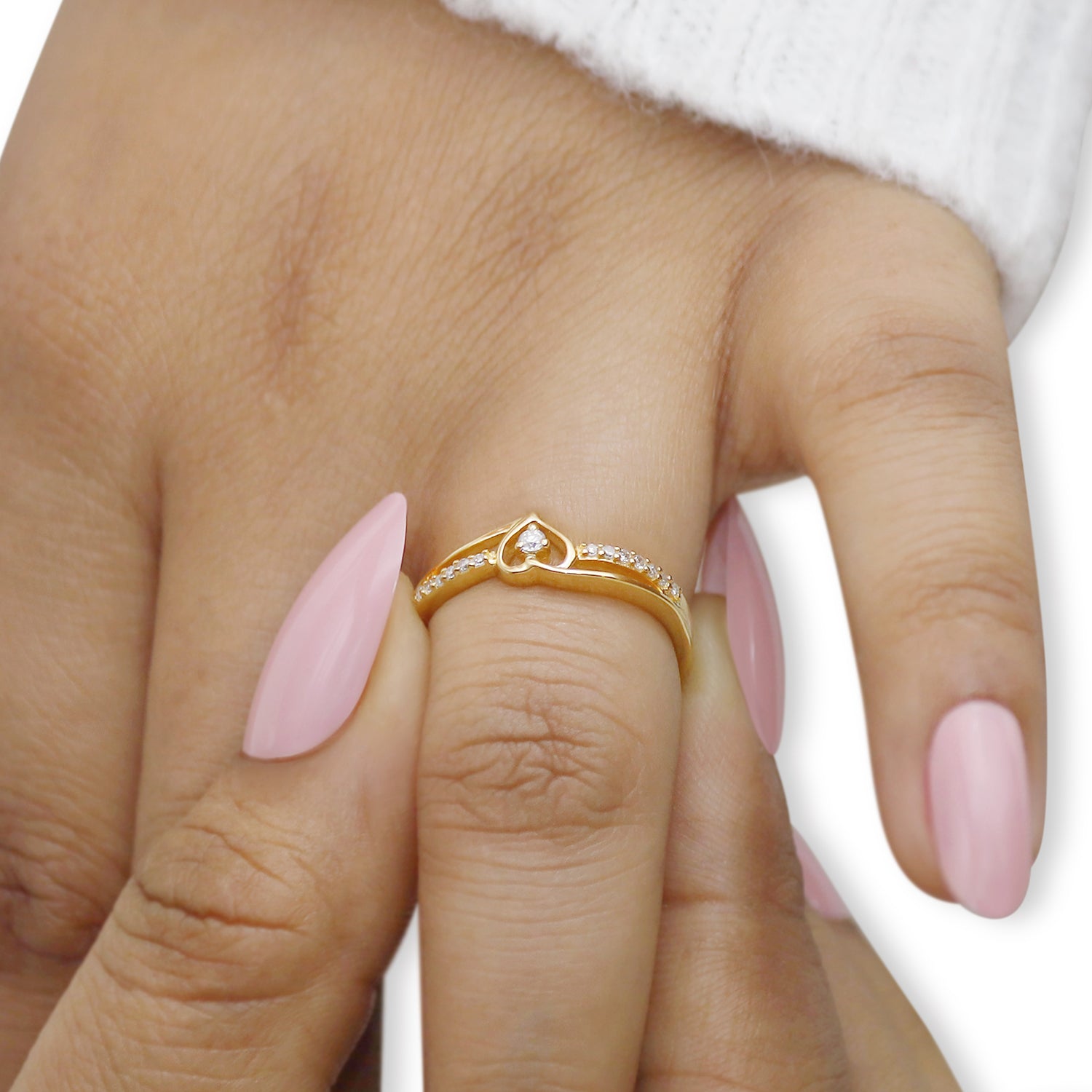 1/10 Carat Round Cut White Natural Diamond Split Shank Heart Promise Ring In 925 Sterling Silver