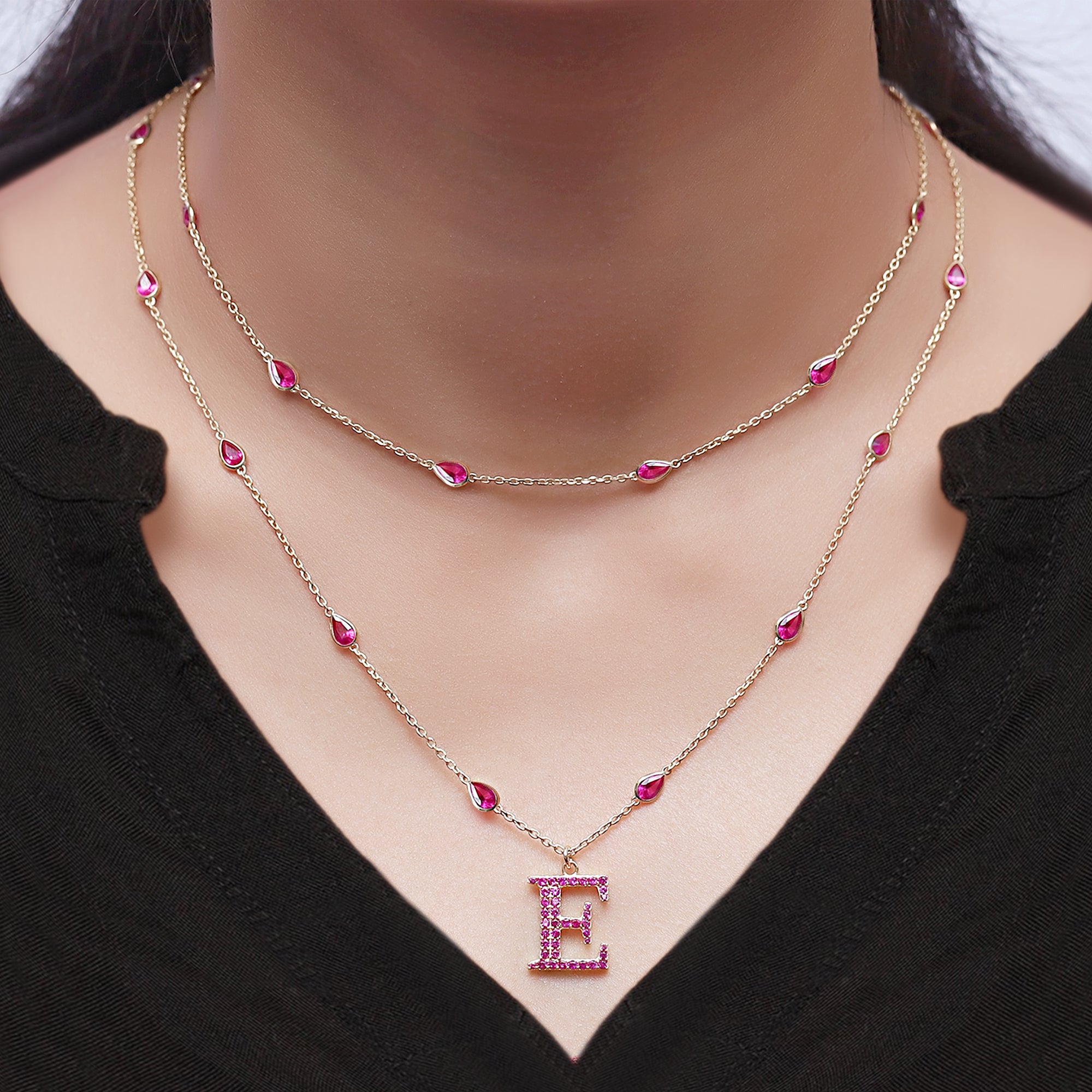 Personalized Initial Letter E Two Layer Station Necklace In Ruby Lab Grown Gemstone
