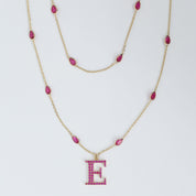 Personalized Initial Letter E Two Layer Station Necklace In Ruby Lab Grown Gemstone