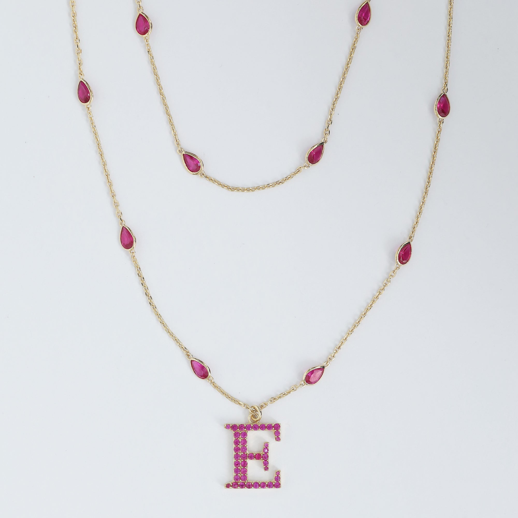 Personalized Initial Letter E Two Layer Station Necklace In Ruby Lab Grown Gemstone
